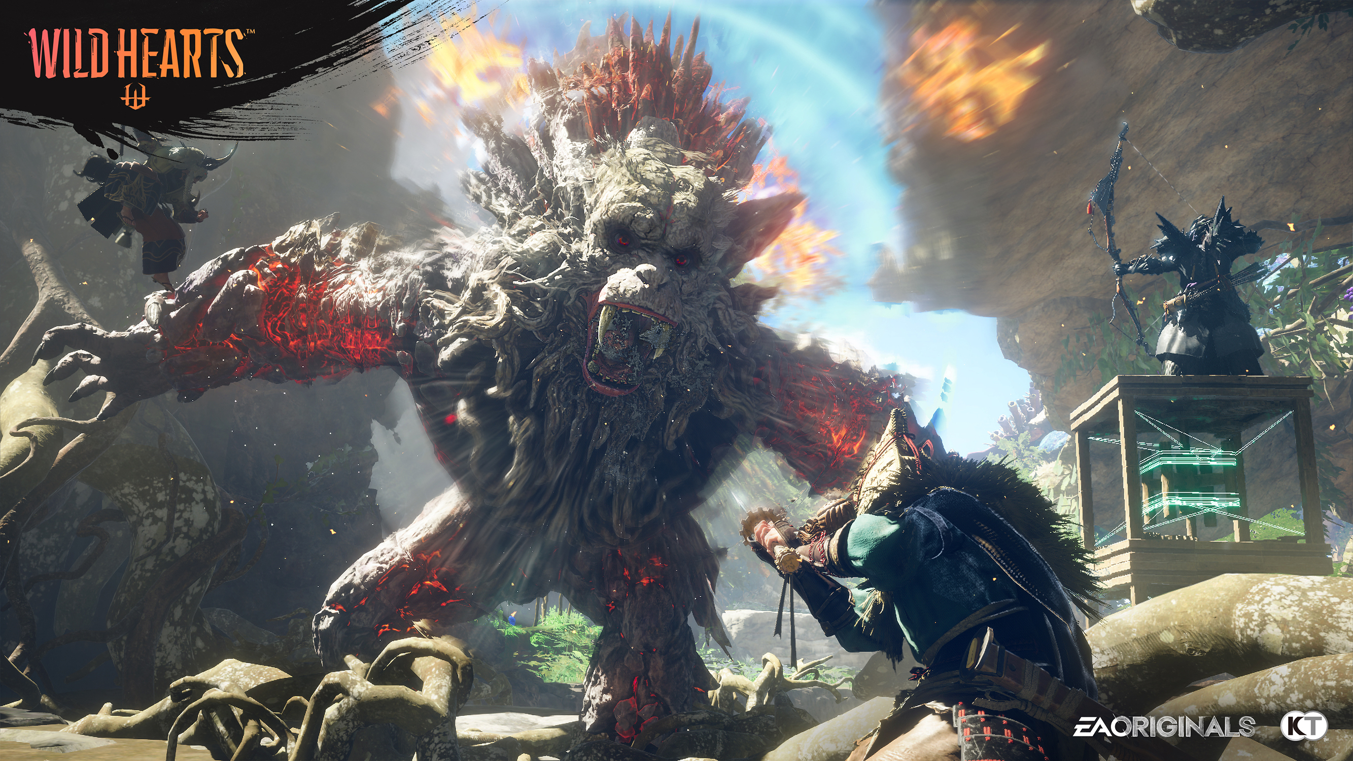 Myśliwy walczący z dużym potworem w górzystym terenie.