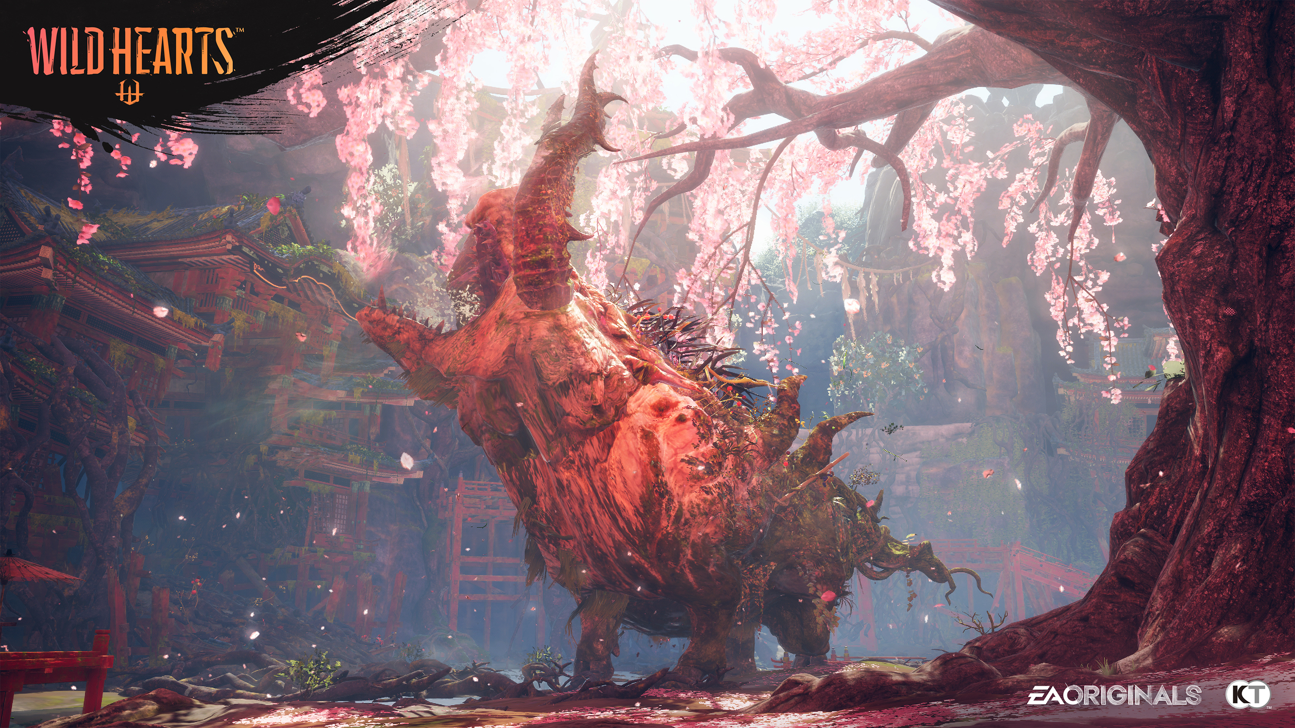 Duży potwór w kształcie drzewa w tradycyjnym japońskim otoczeniu, z kwiatami wiśni.