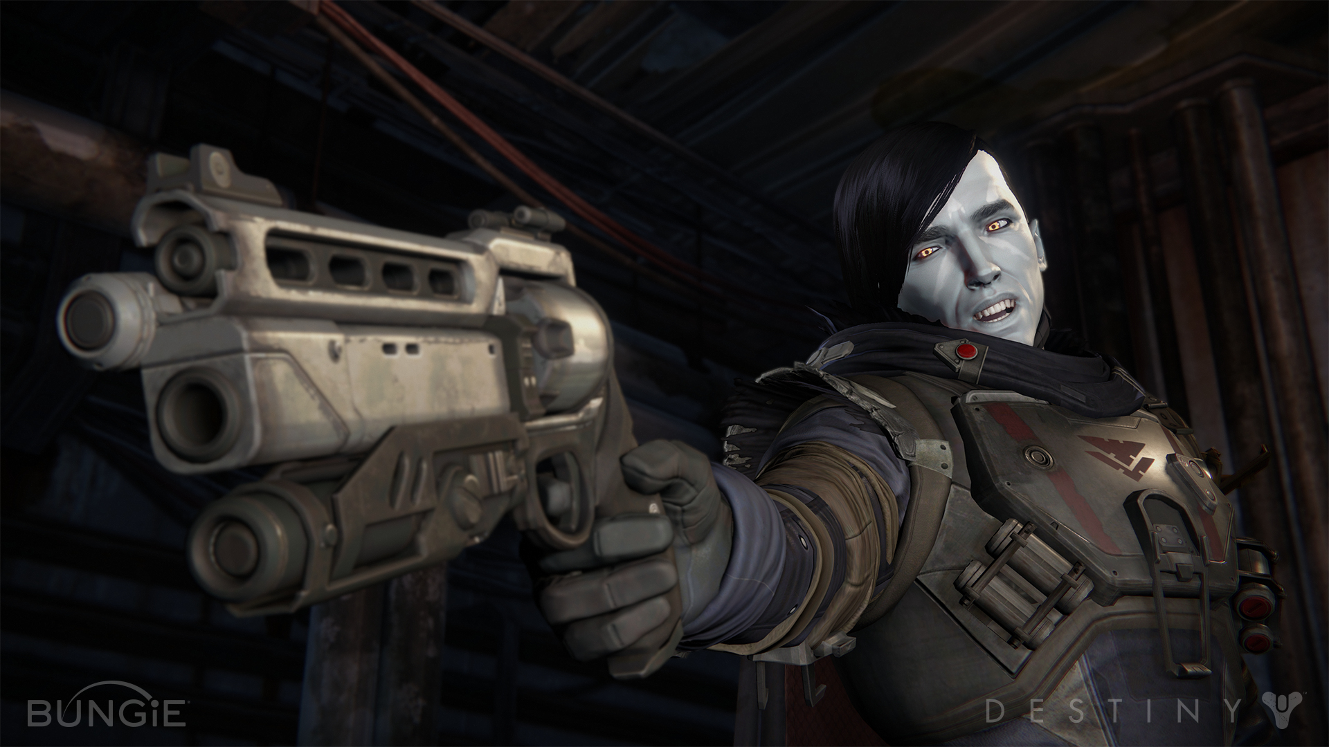Uomo che tiene una pistola, guarda lo spettatore. Ambientazione oscura, futuristica. Gioco Destiny.
