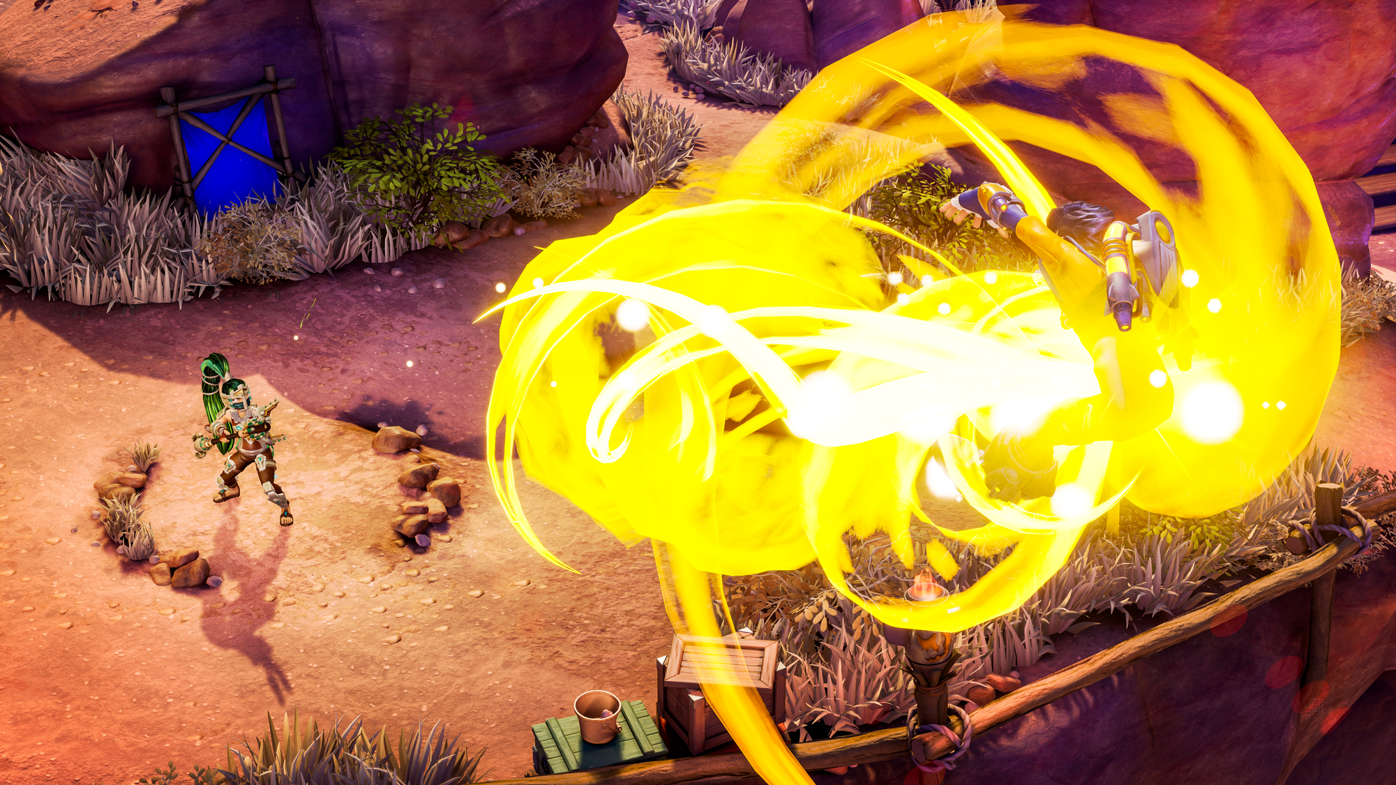 Dwie walczące postacie, efekt jasnego światła. Piaszczyste środowisko ze skałami.