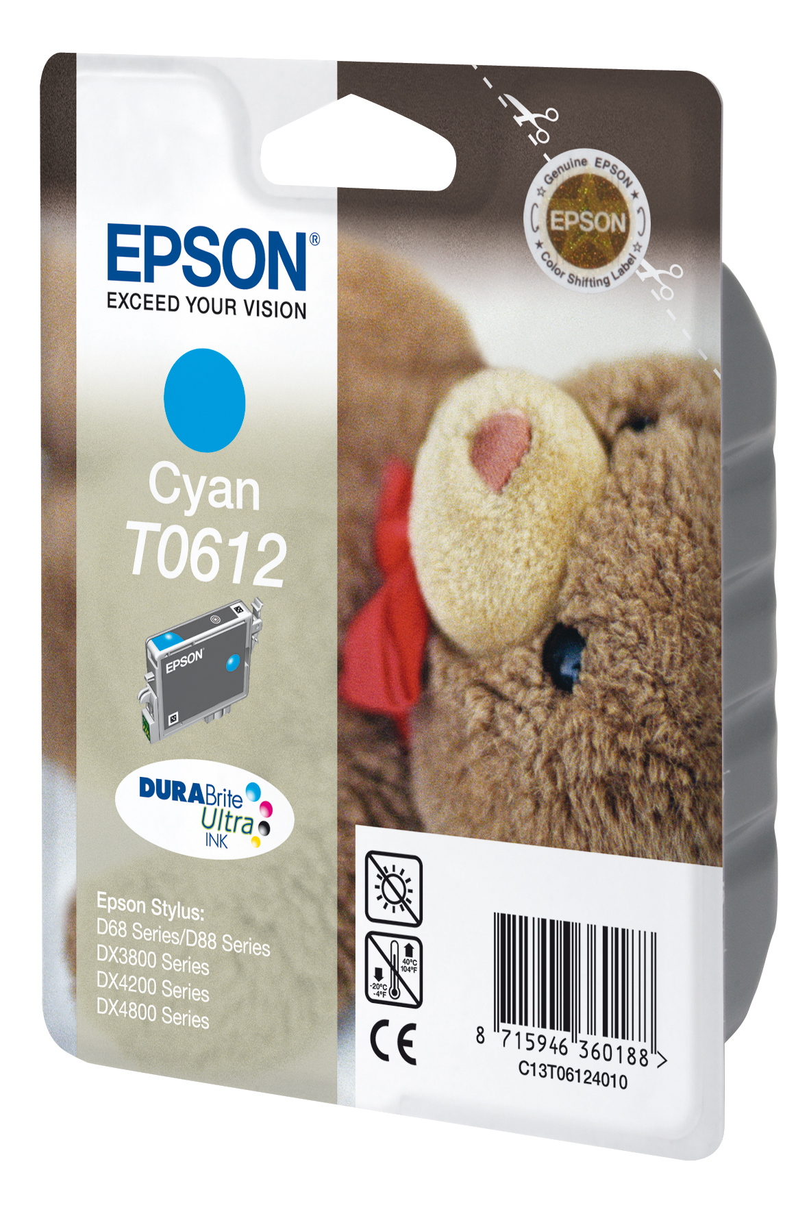 Epson Cyan T0612 inktcartridgeverpakking met een afbeelding van een teddybeer. Bevat DuraBrite Ultra inkt.