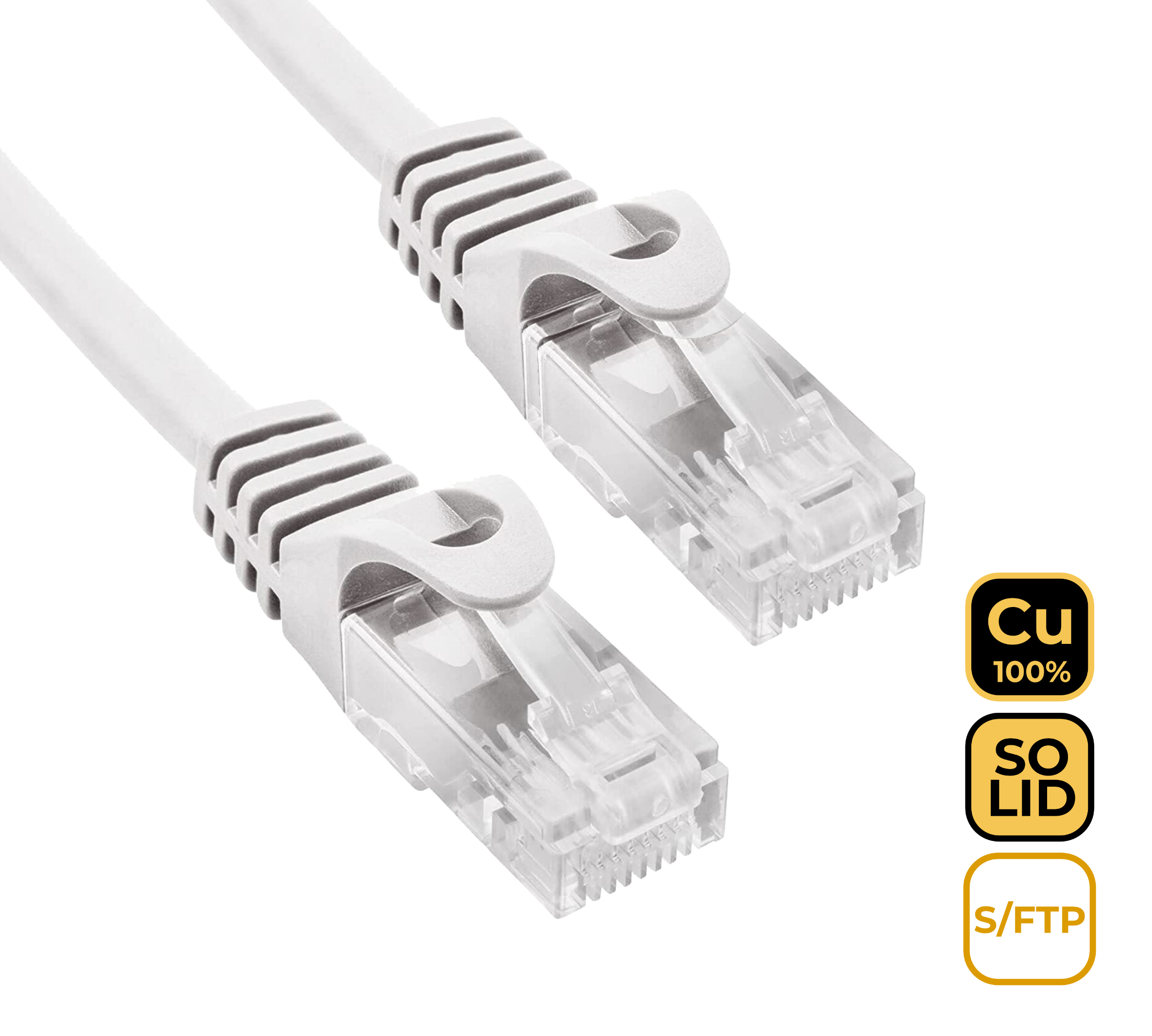 Due cavi ethernet grigi con connettori trasparenti e icone per Cu, solid, S/FTP.
