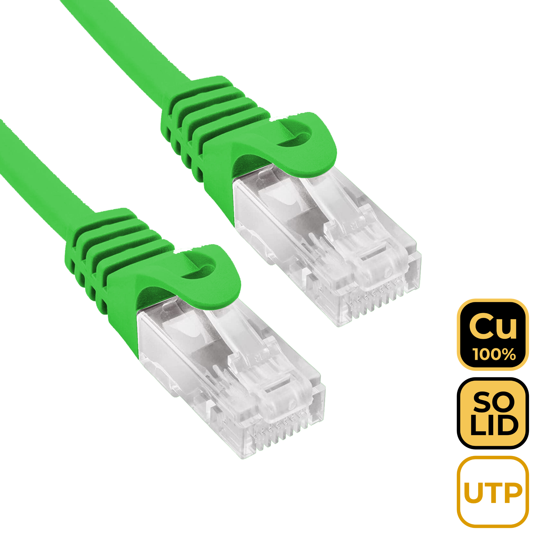 Due cavi ethernet verdi con connettori trasparenti, con icone per Cu, solid, UTP.