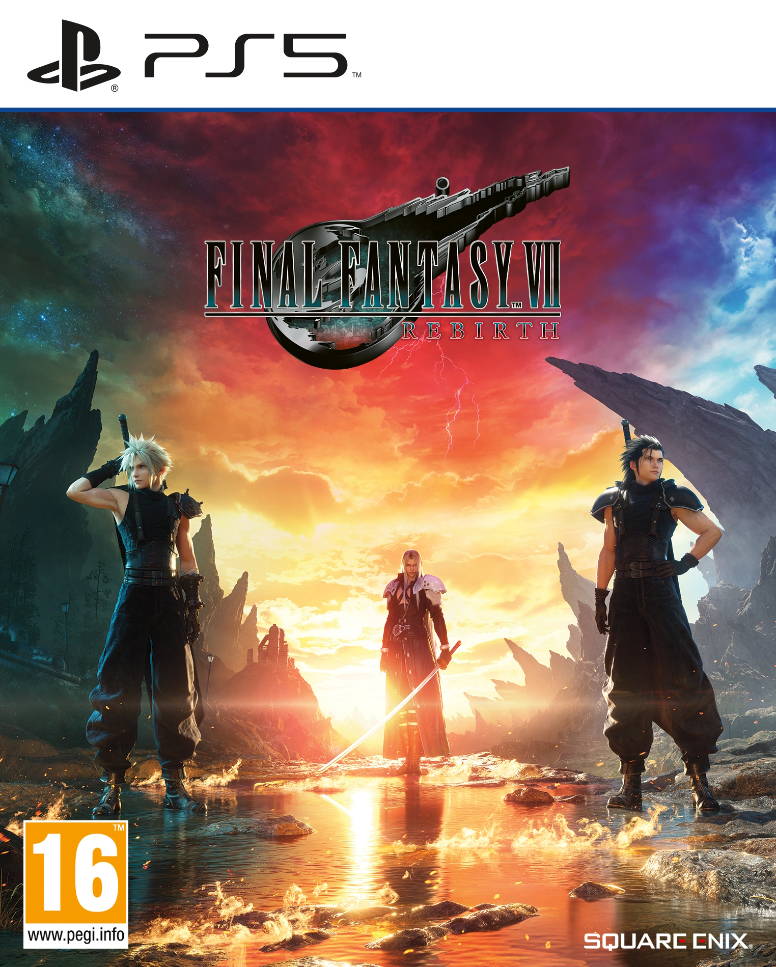 Copertina del gioco Final Fantasy VII Rebirth con tre personaggi in una scena drammatica.