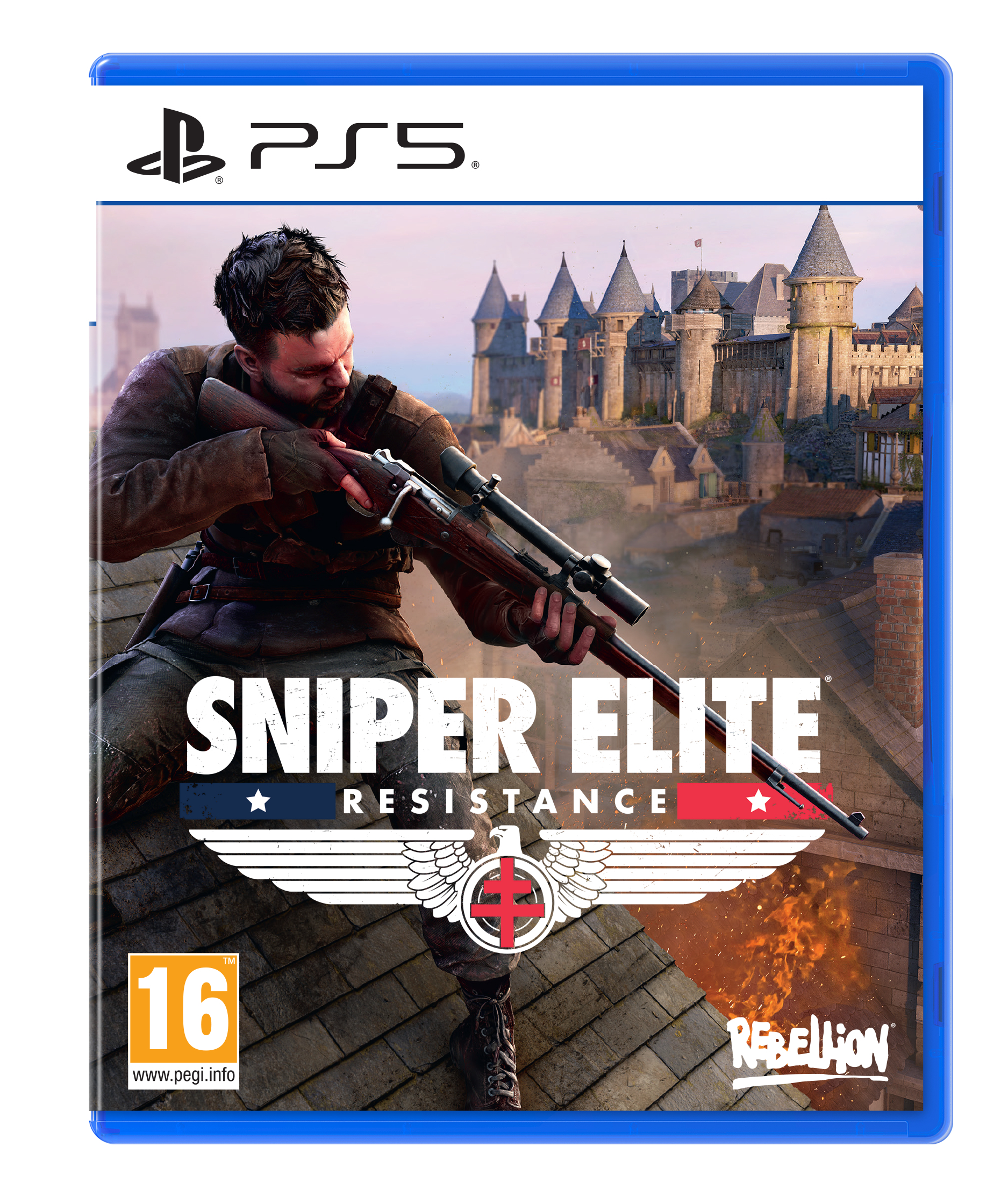 Scatola del gioco PS5. Copertina: Uomo che mira con un fucile. Titolo: Sniper Elite. Sfondo: Castello su una collina. Valutazione: 16.