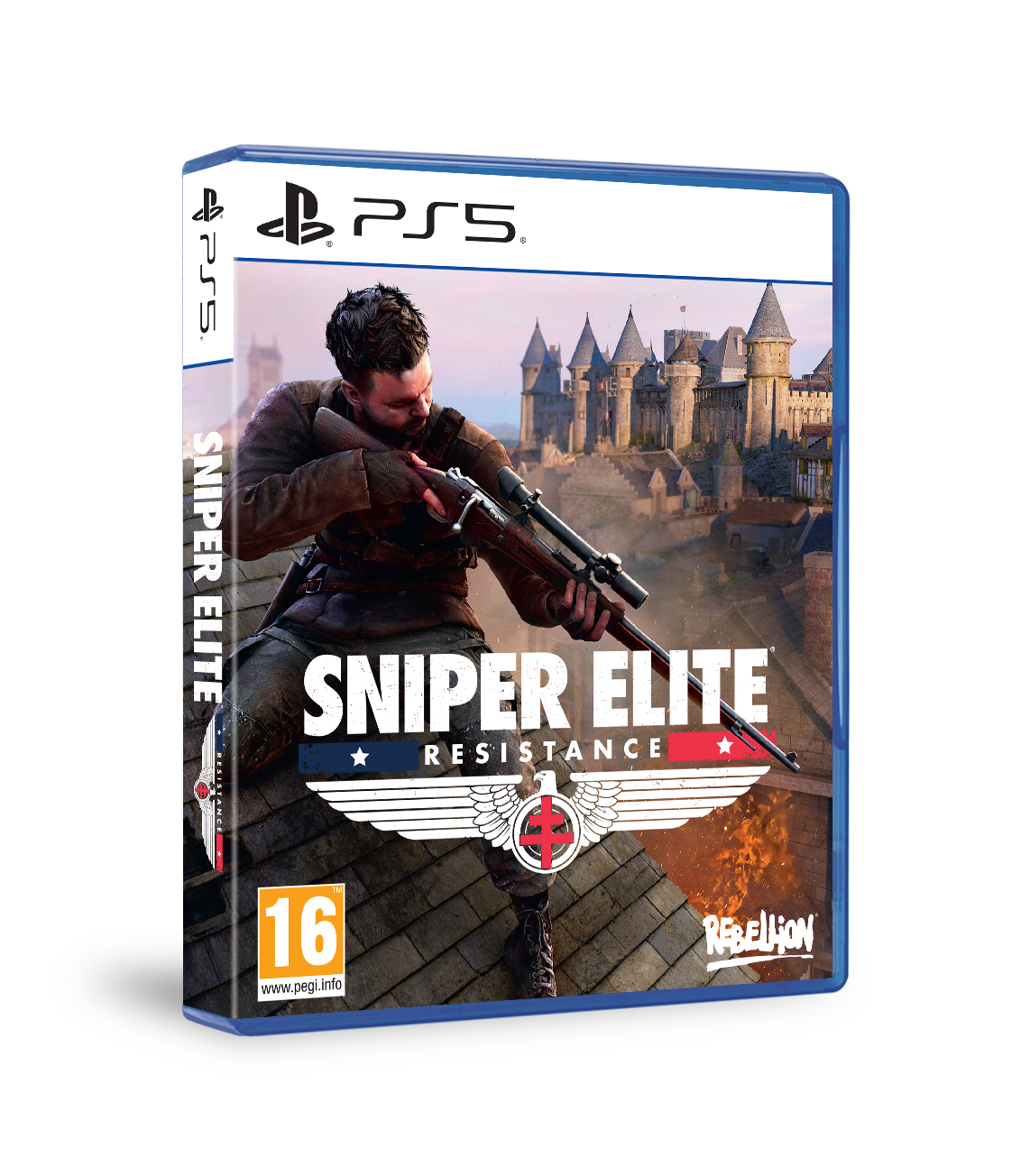 Scatola di gioco di Sniper Elite Resistance con un uomo che punta un fucile a un castello.