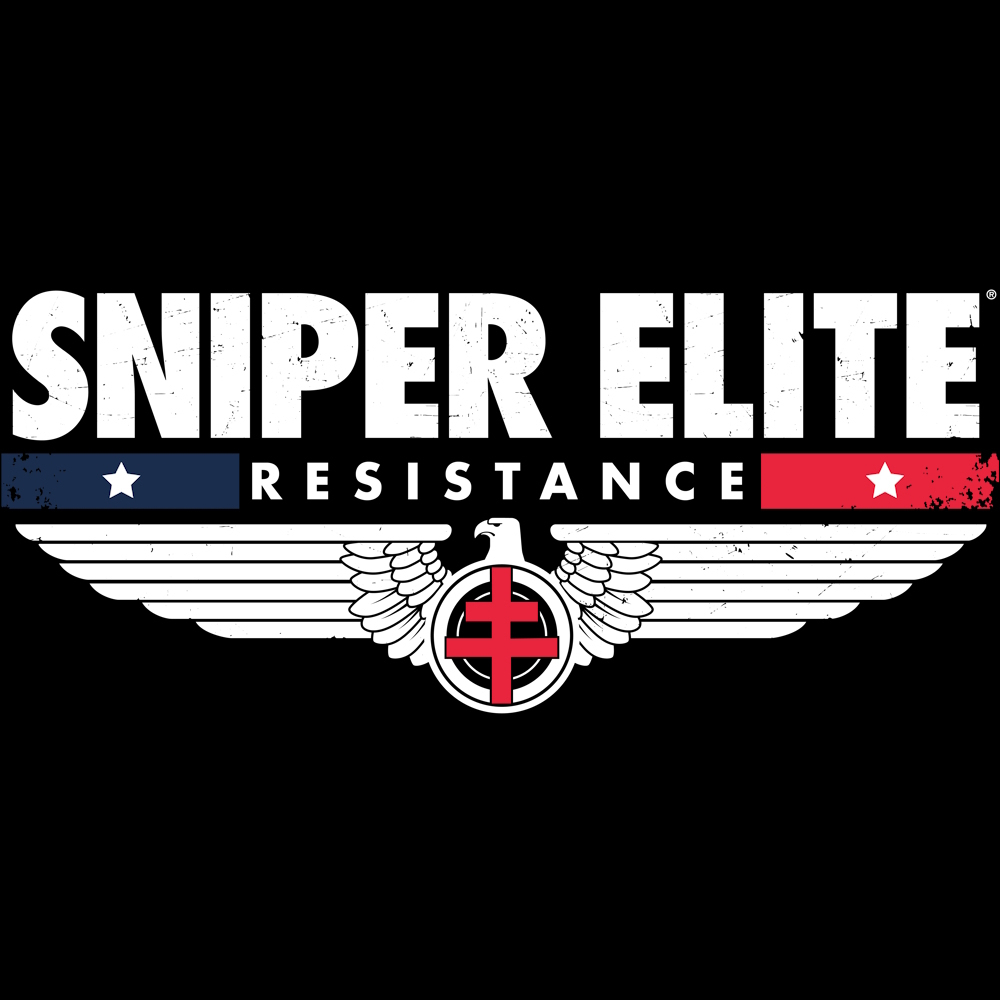 Logo del gioco Sniper Elite con aquila, croce e design a stella/strisce su sfondo nero.