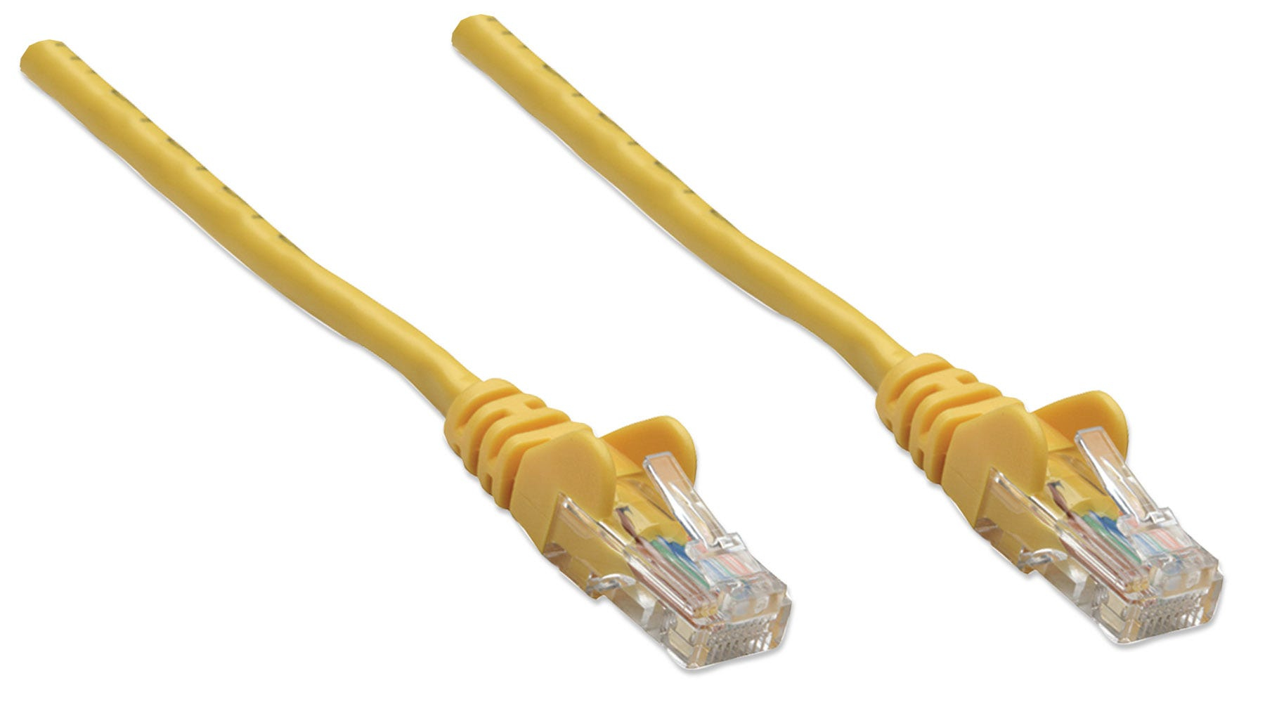 Deux câbles Ethernet jaunes avec des connecteurs transparents, sur fond blanc.