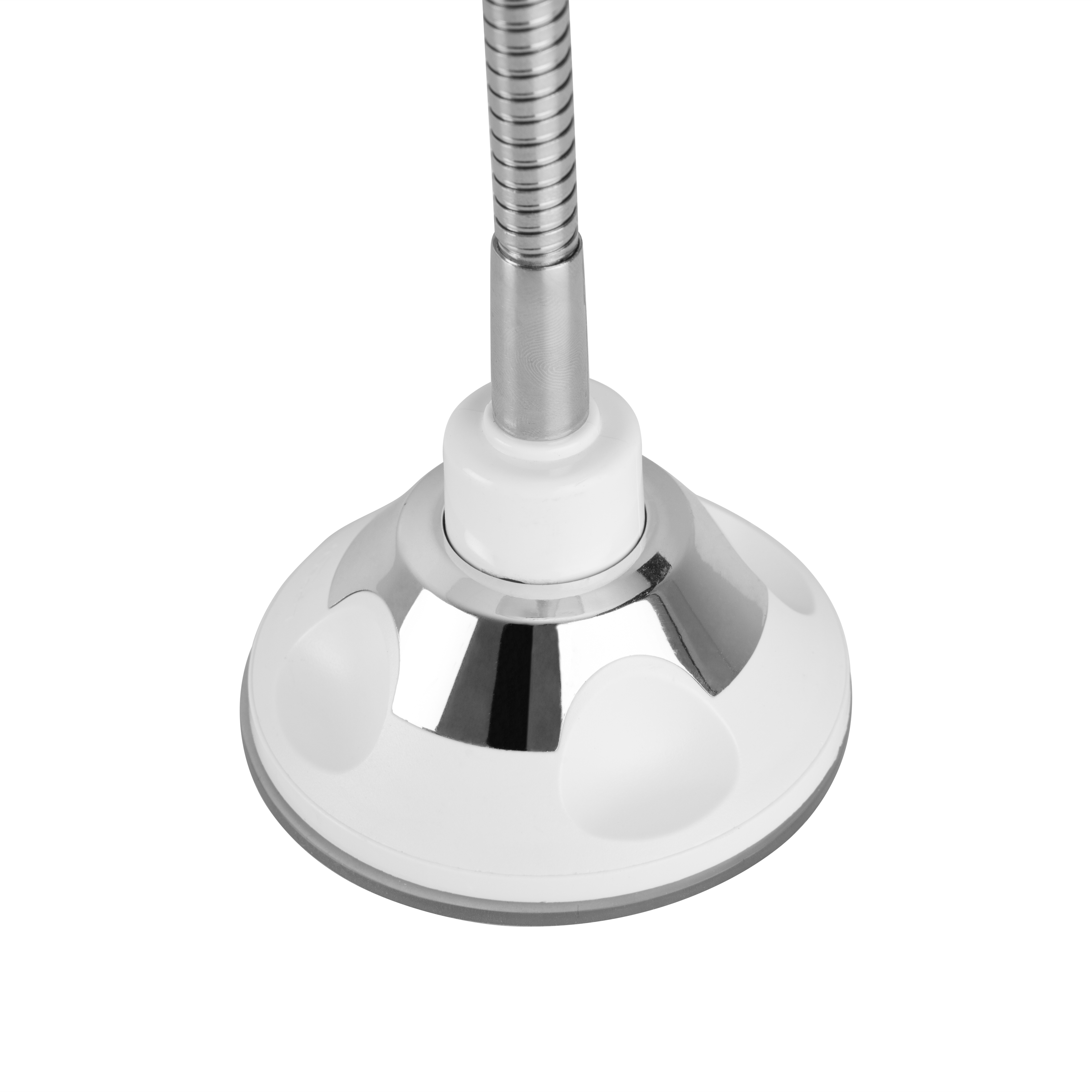 Una base blanca con un anillo cromado y un cuello de cisne metálico flexible para una luz o soporte.