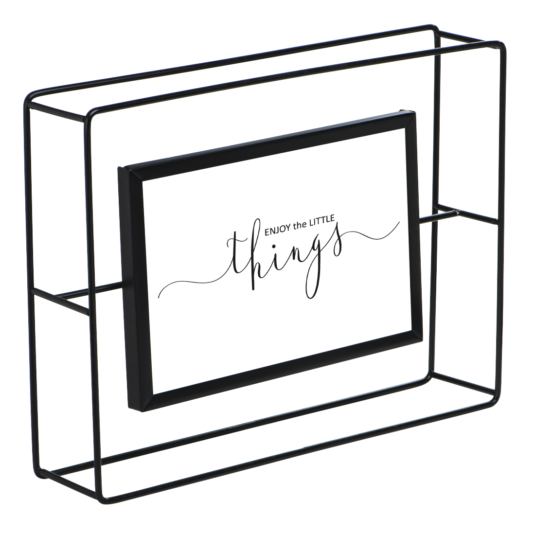 Czarna metalowa rama trzyma ramkę ze zdjęciem z napisem 'Enjoy the Little Things'.