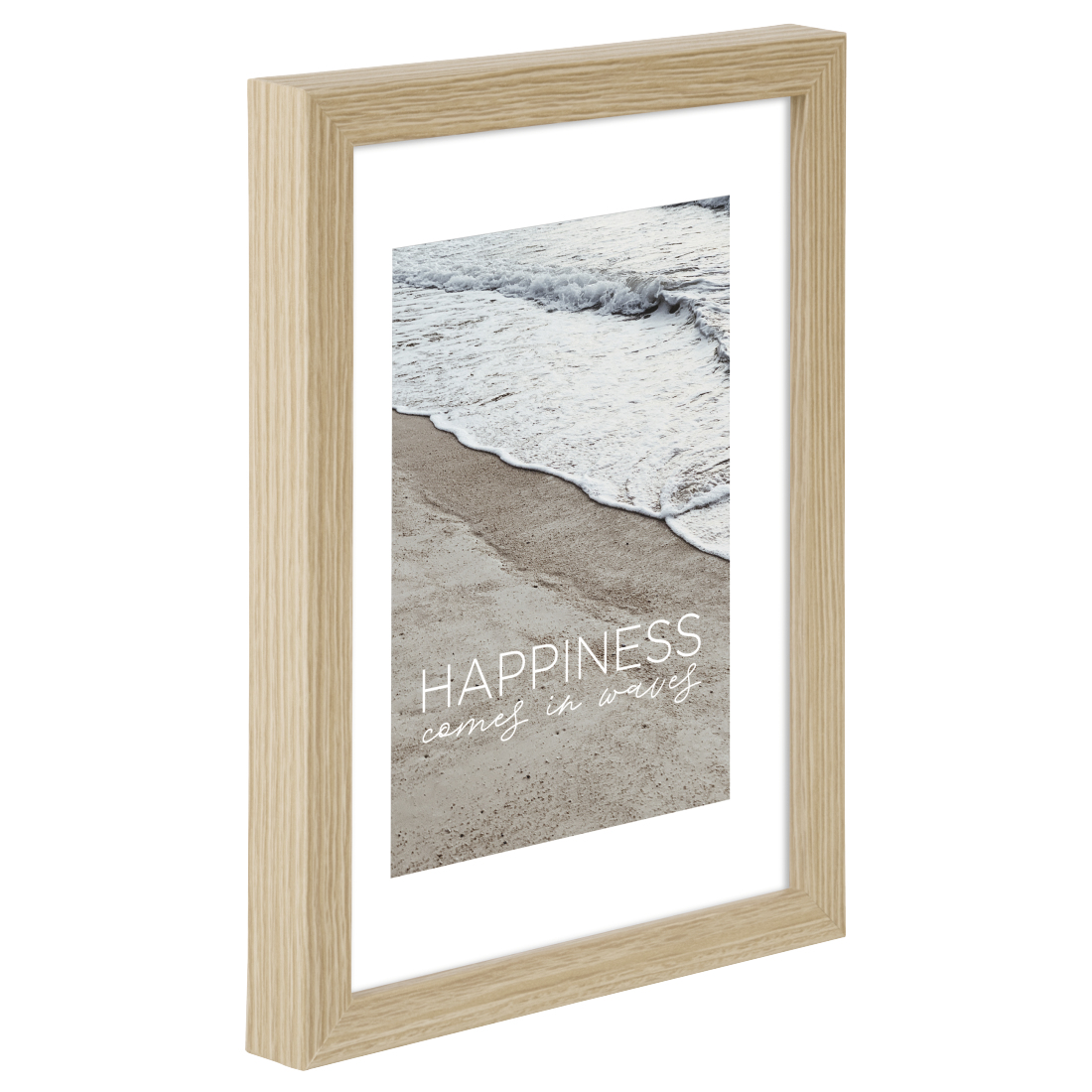 Gerahmtes Foto mit Strandszene und Text 'Happiness comes in waves'.