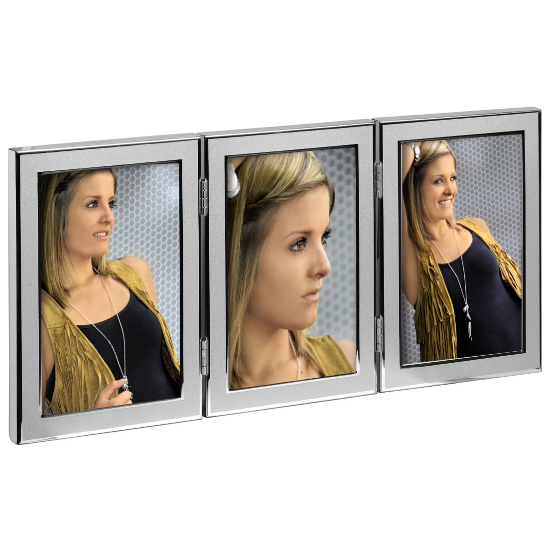 Ein Triptychon von Bildern, die eine Frau in einem schwarzen Top und einer gelben Weste zeigen.