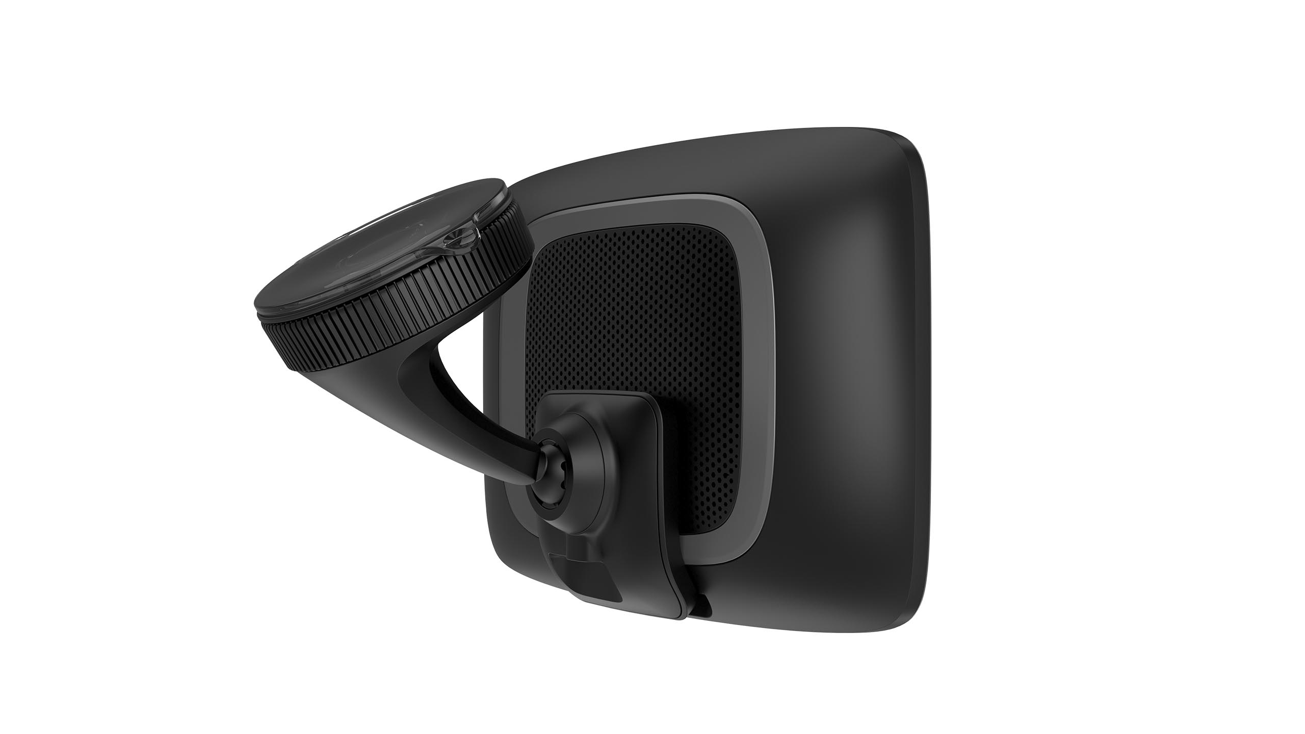 Czarny TomTom z uchwytem, widok z boku. Przyssawka i uchwyt widoczne.