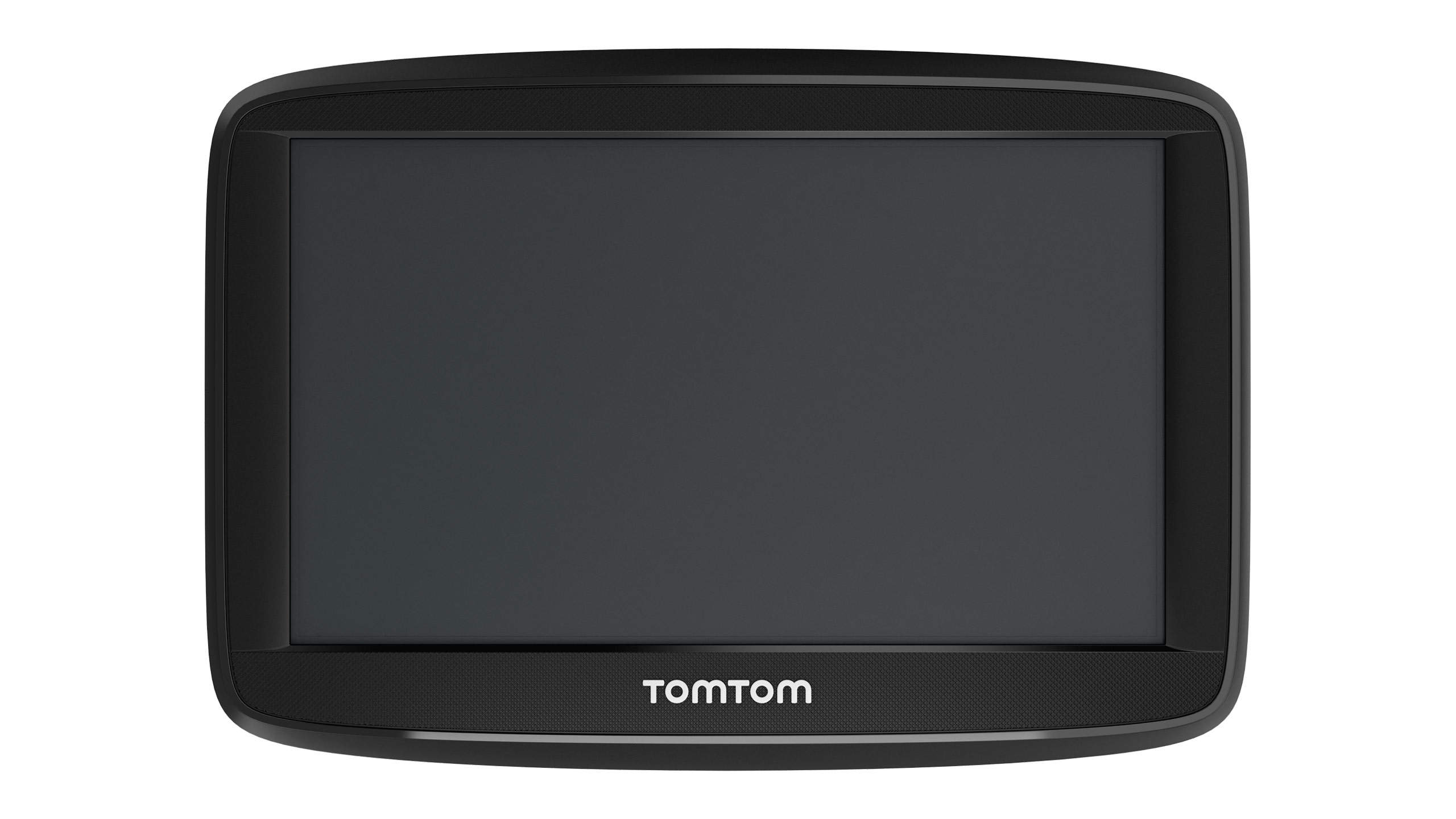 TomTom-Gerät Bildschirm. Schwarzer Bildschirm und TomTom-Logo unten.
