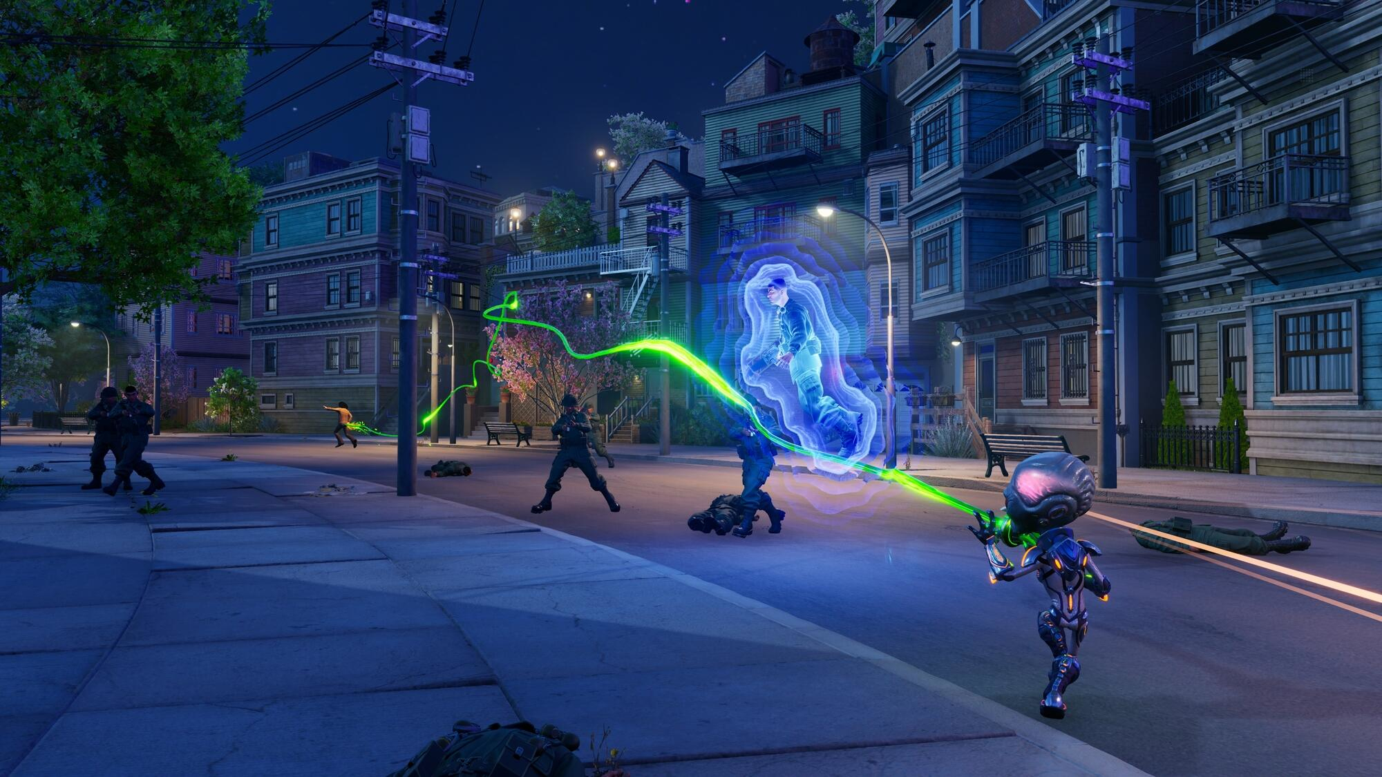 Un extraterrestre tire un laser vert sur des gens dans une rue la nuit. Bâtiments en arrière-plan.