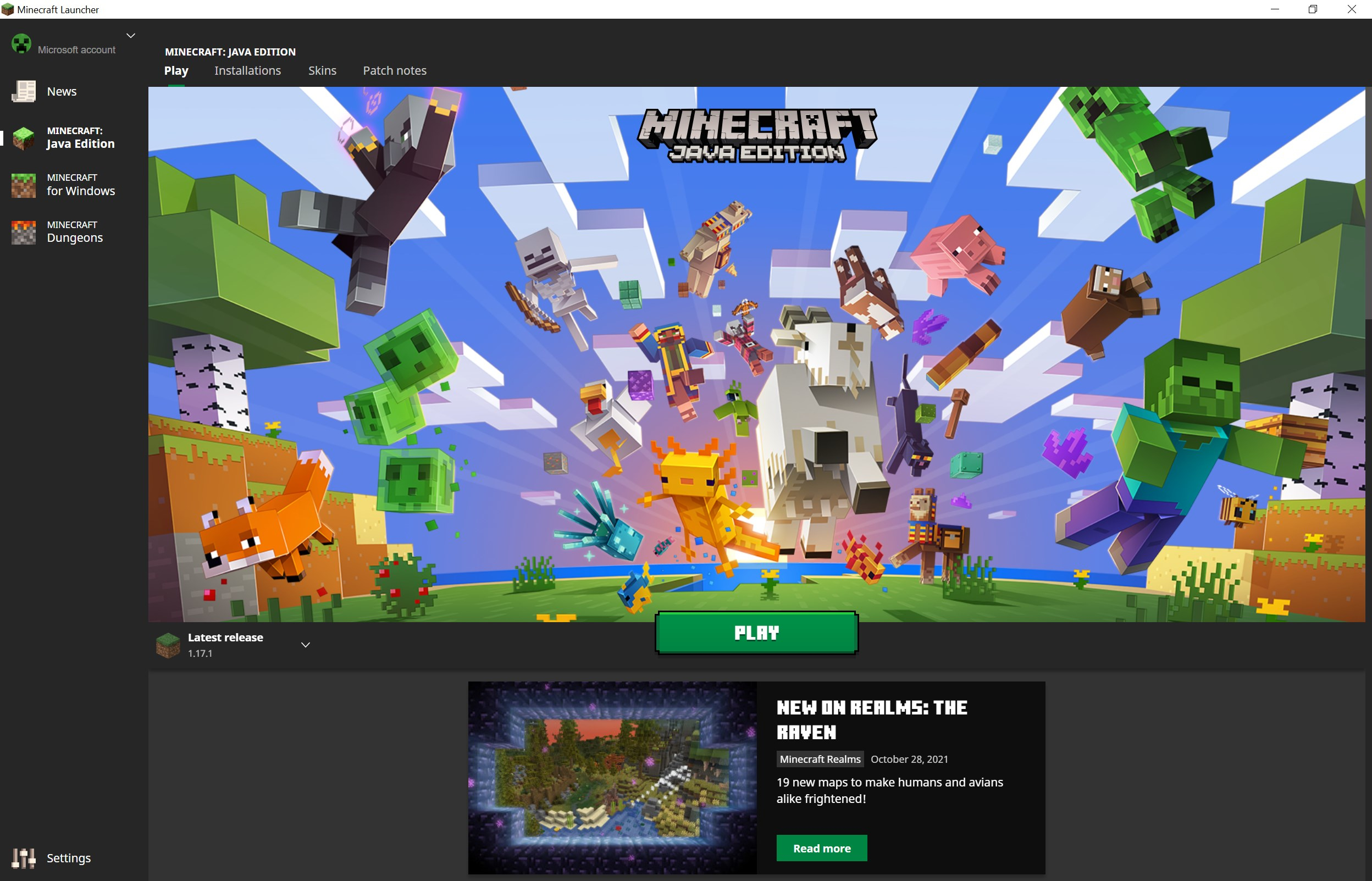 Interfaccia del launcher di Minecraft Java Edition con opzioni per giocare, installare e visualizzare le notizie.