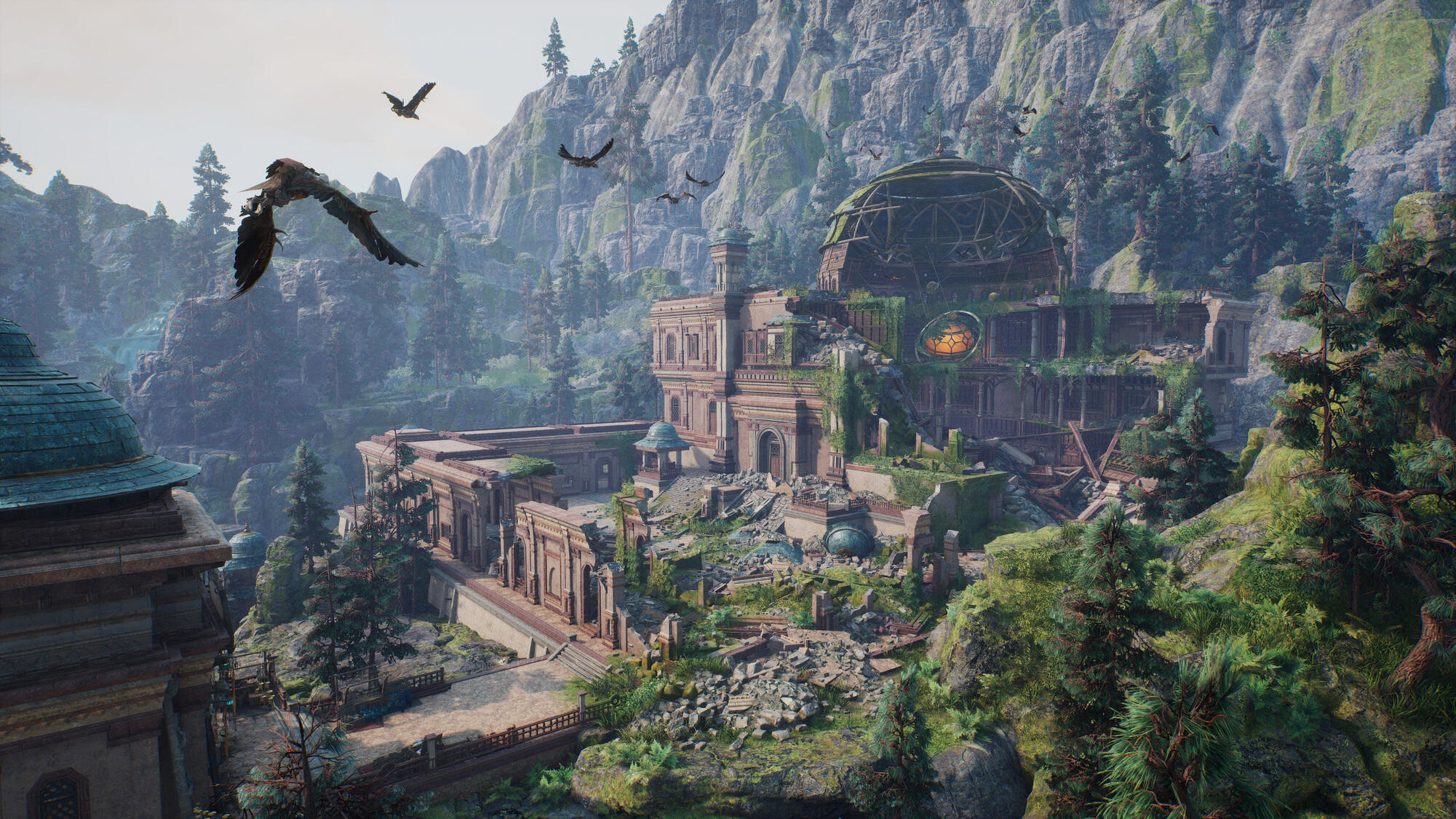 Kompleks budynków na górze z ptakami w locie. Otaczają go drzewa i rośliny, błękitne niebo i pochmurny dzień.