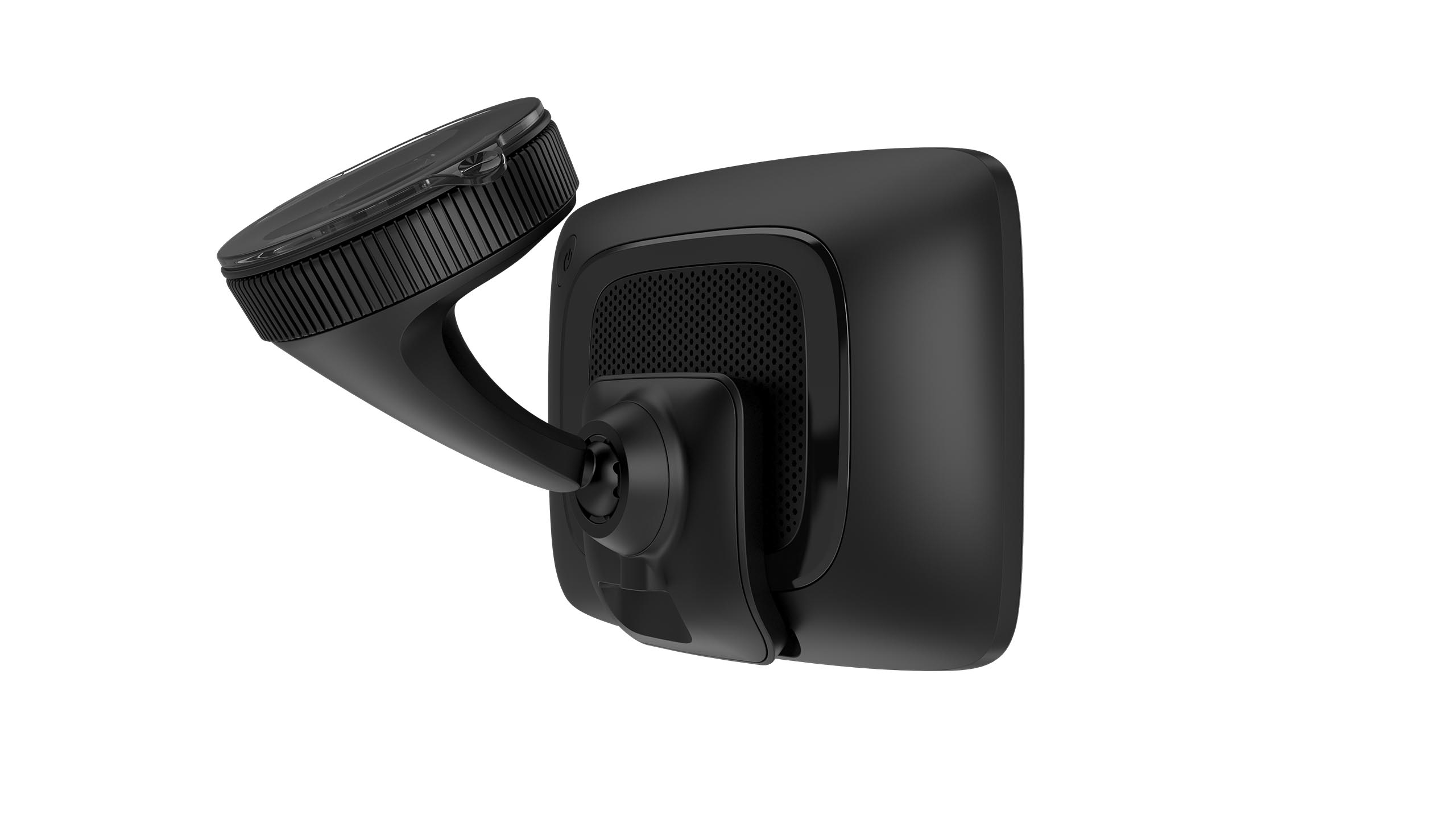 Czarne urządzenie GPS z uchwytem na przyssawkę, widok z boku, na białym tle.