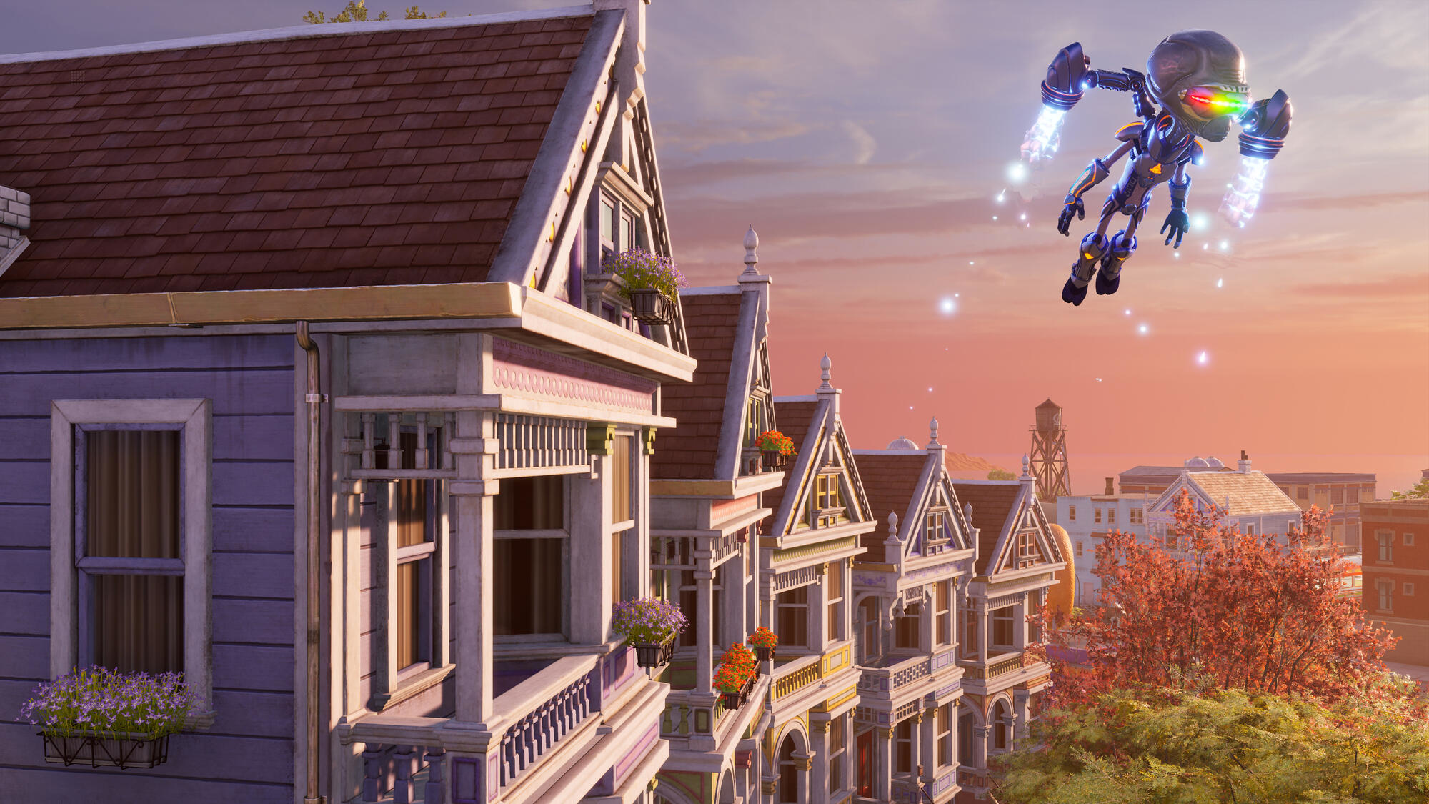 Alien-Roboter fliegt über Häusern. Sonnenuntergangshimmel.