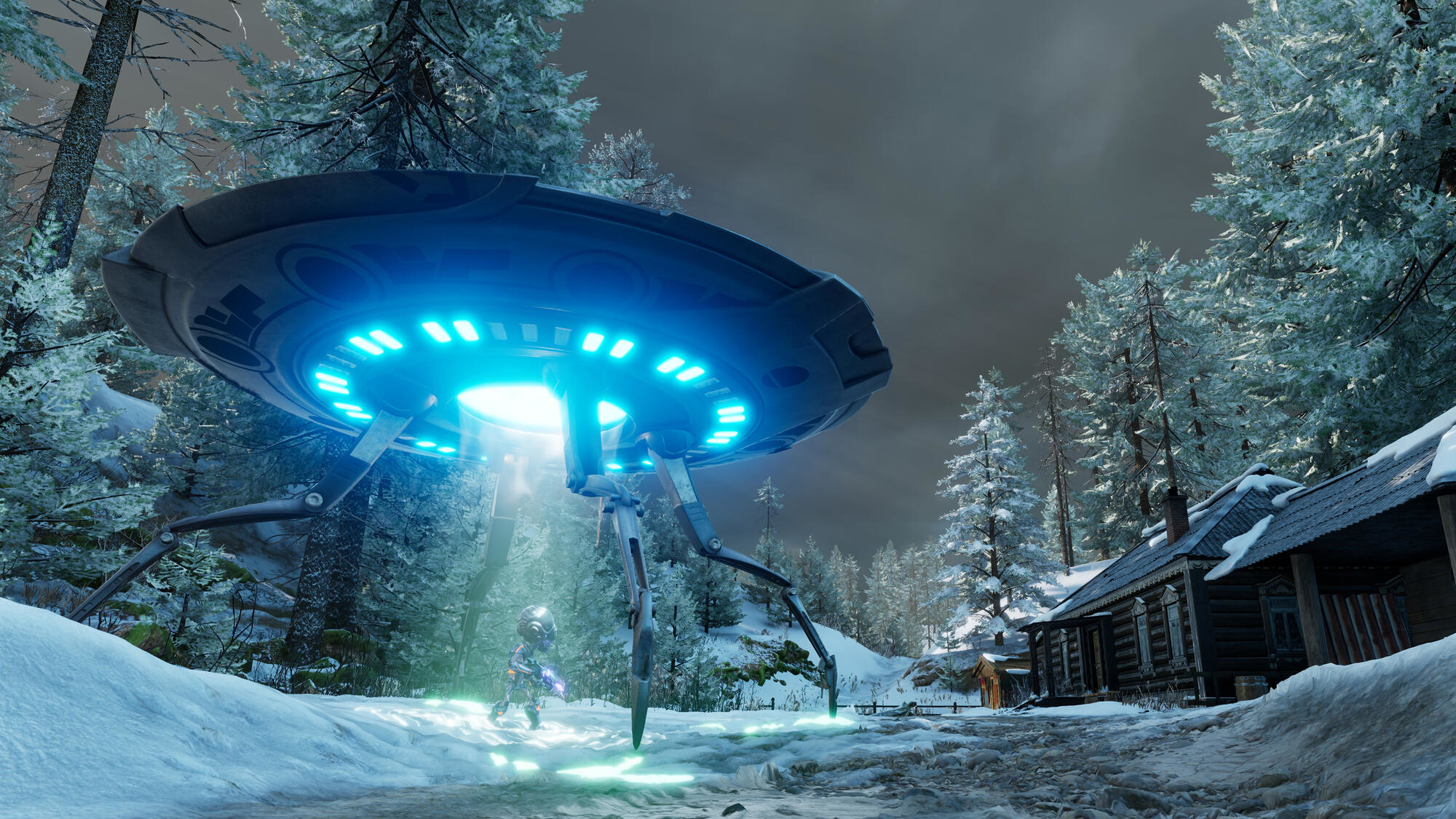 UFO über verschneitem Wald, Figur im Vordergrund. Holzhaus im Hintergrund.