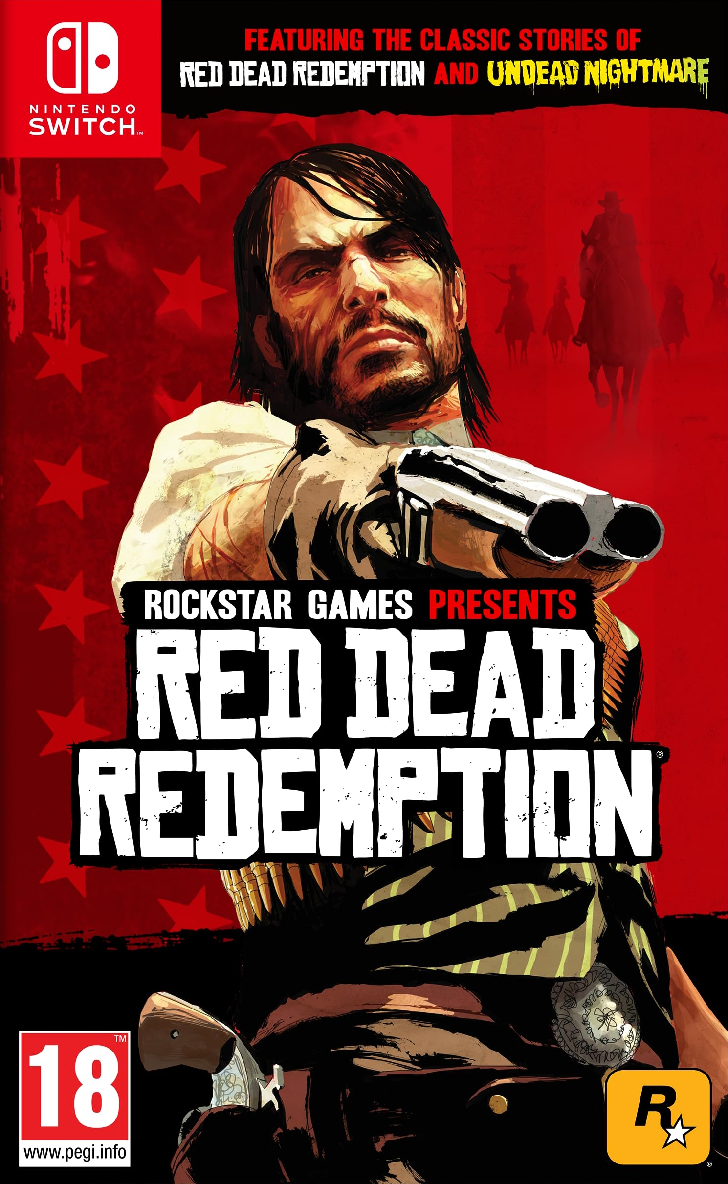 Grafika okładki gry Red Dead Redemption, pokazująca mężczyznę trzymającego broń na czerwonym tle.