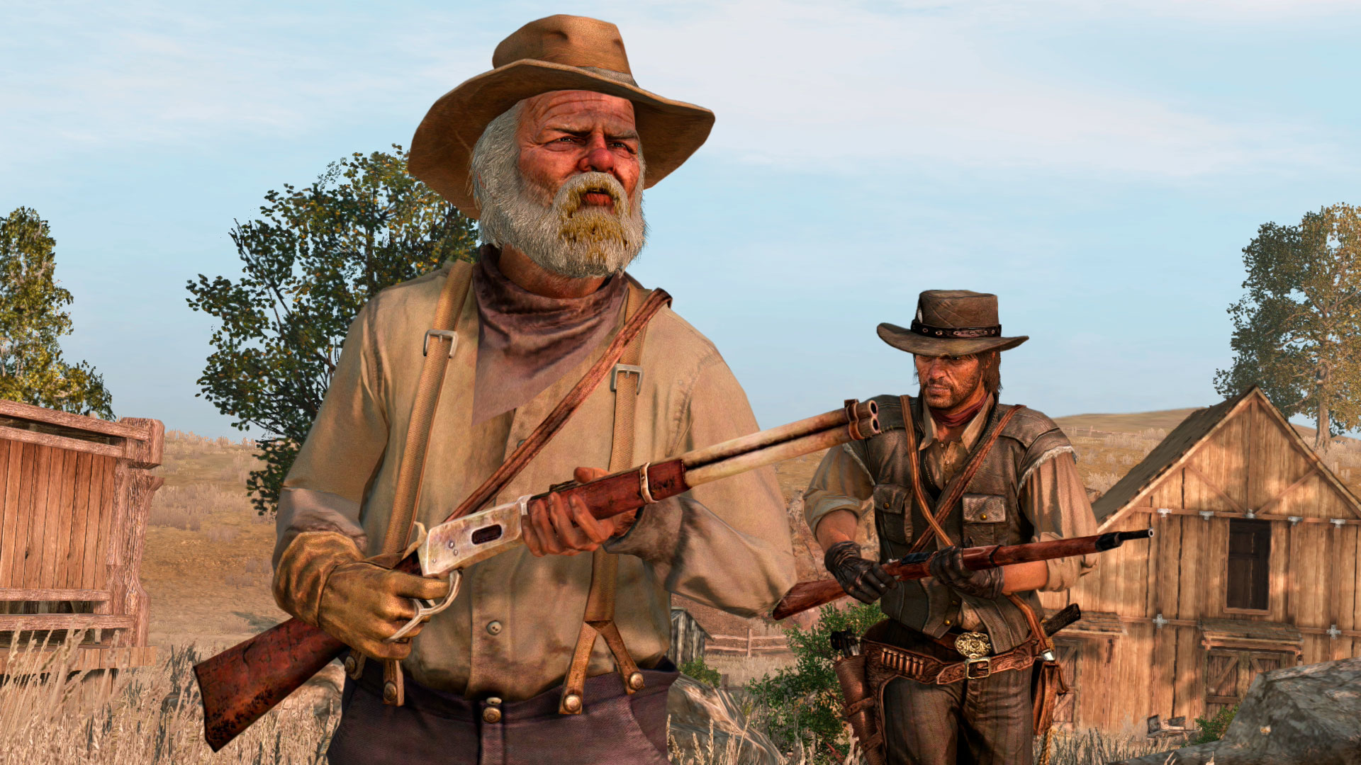Zwei Männer in Cowboy-Kleidung halten Gewehre, stehen in einer Western-Landschaft.