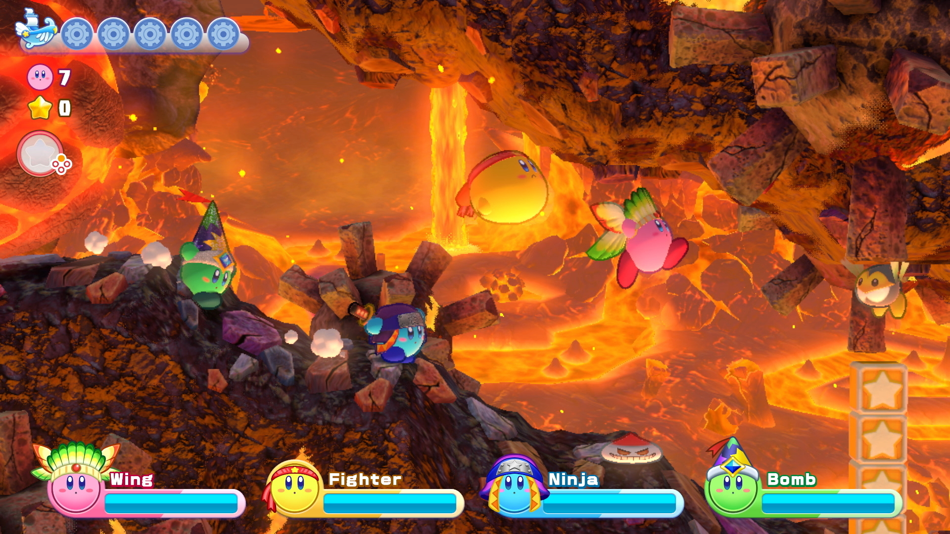 Escena del juego Kirby con lava, enemigos flotantes e información de personajes.