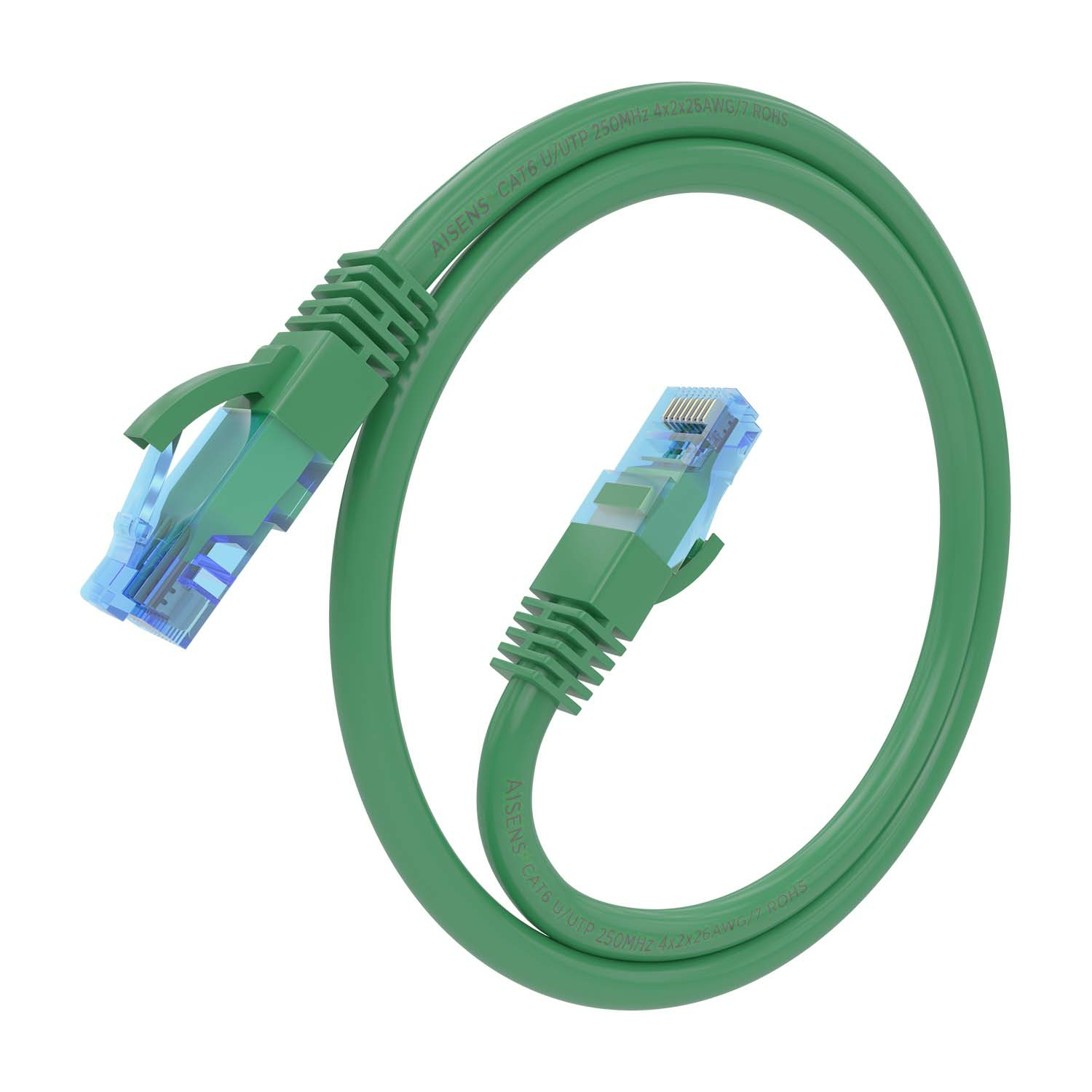 Un cavo di rete verde, arrotolato con connettori blu. Si trova su uno sfondo bianco.
