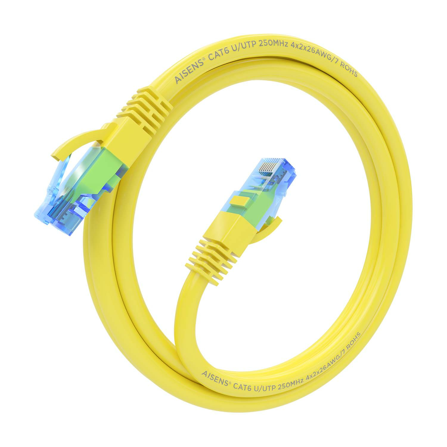 Cavo di rete giallo con connettori gialli. Il cavo è avvolto a cerchio.