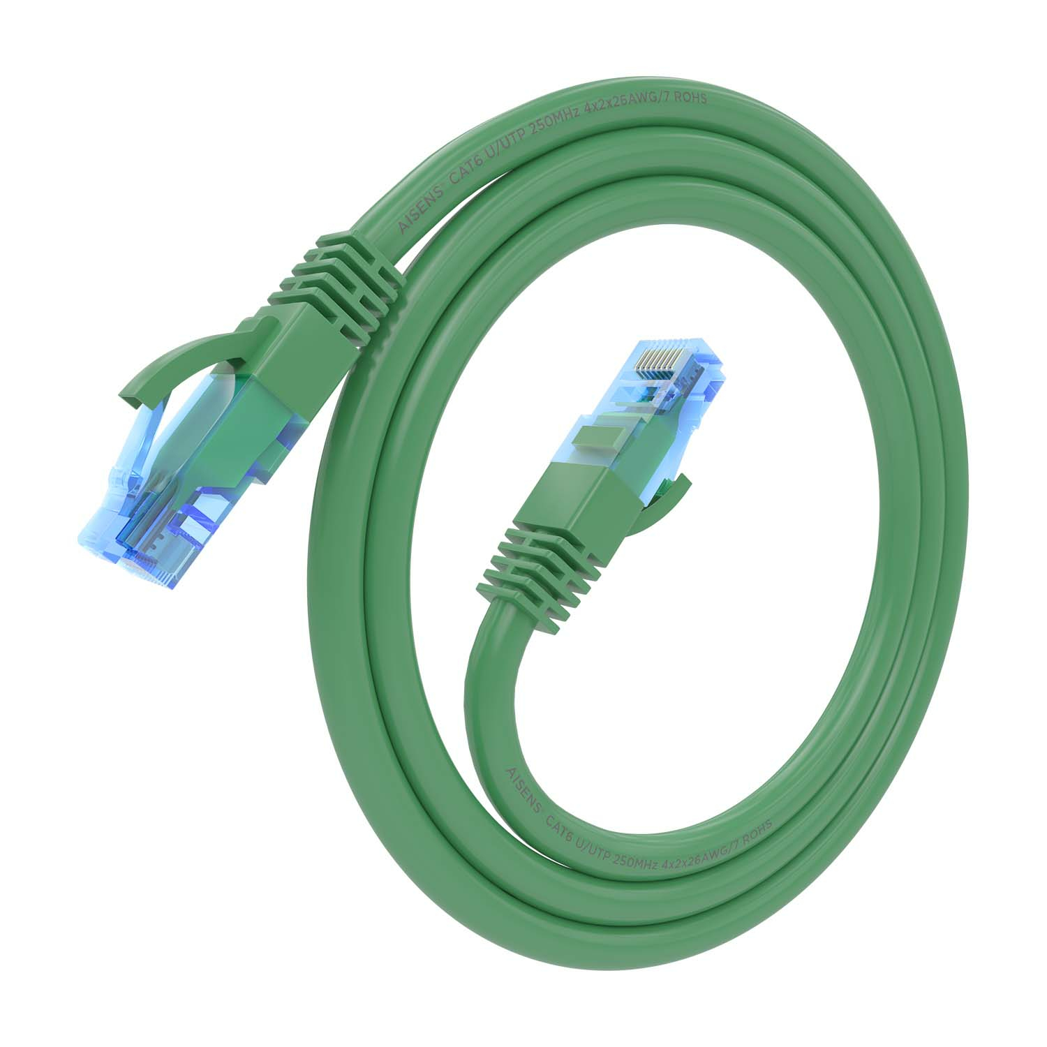 Groene netwerkkabel met groene connectoren. De kabel is in een cirkel opgerold.