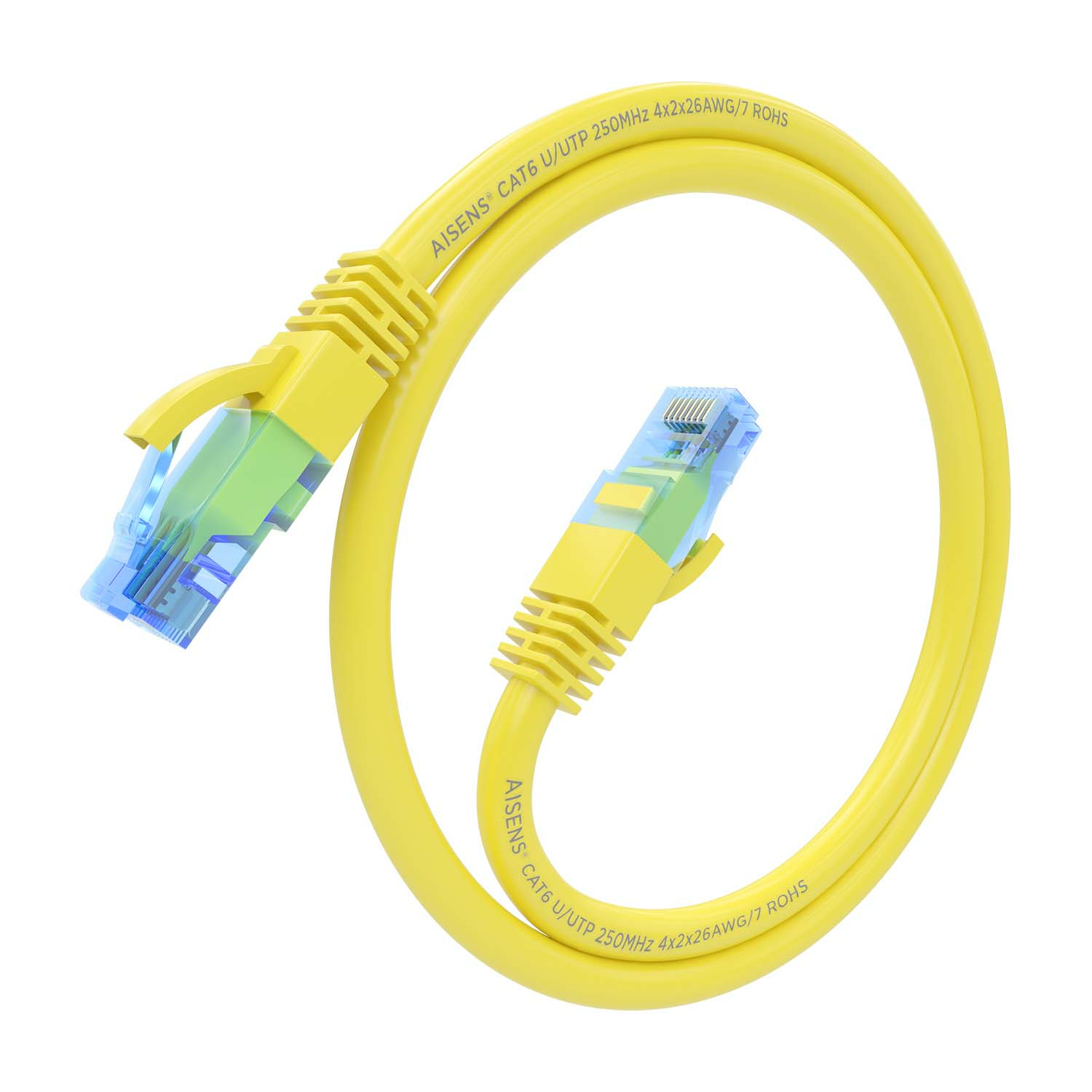 Cavo di rete giallo con connettori gialli. Il cavo è avvolto a cerchio.