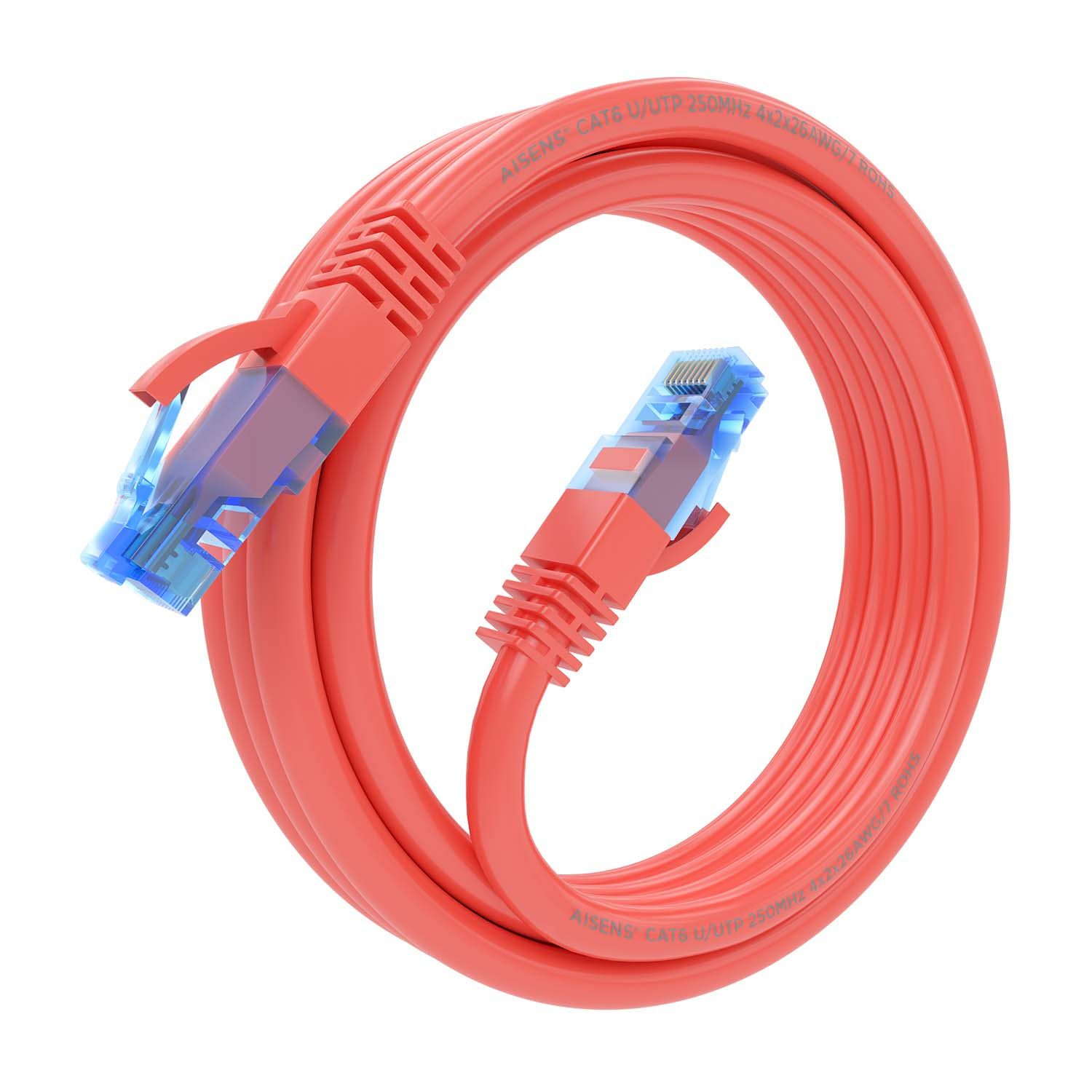 Cavo Ethernet rosso arrotolato, con connettori blu.