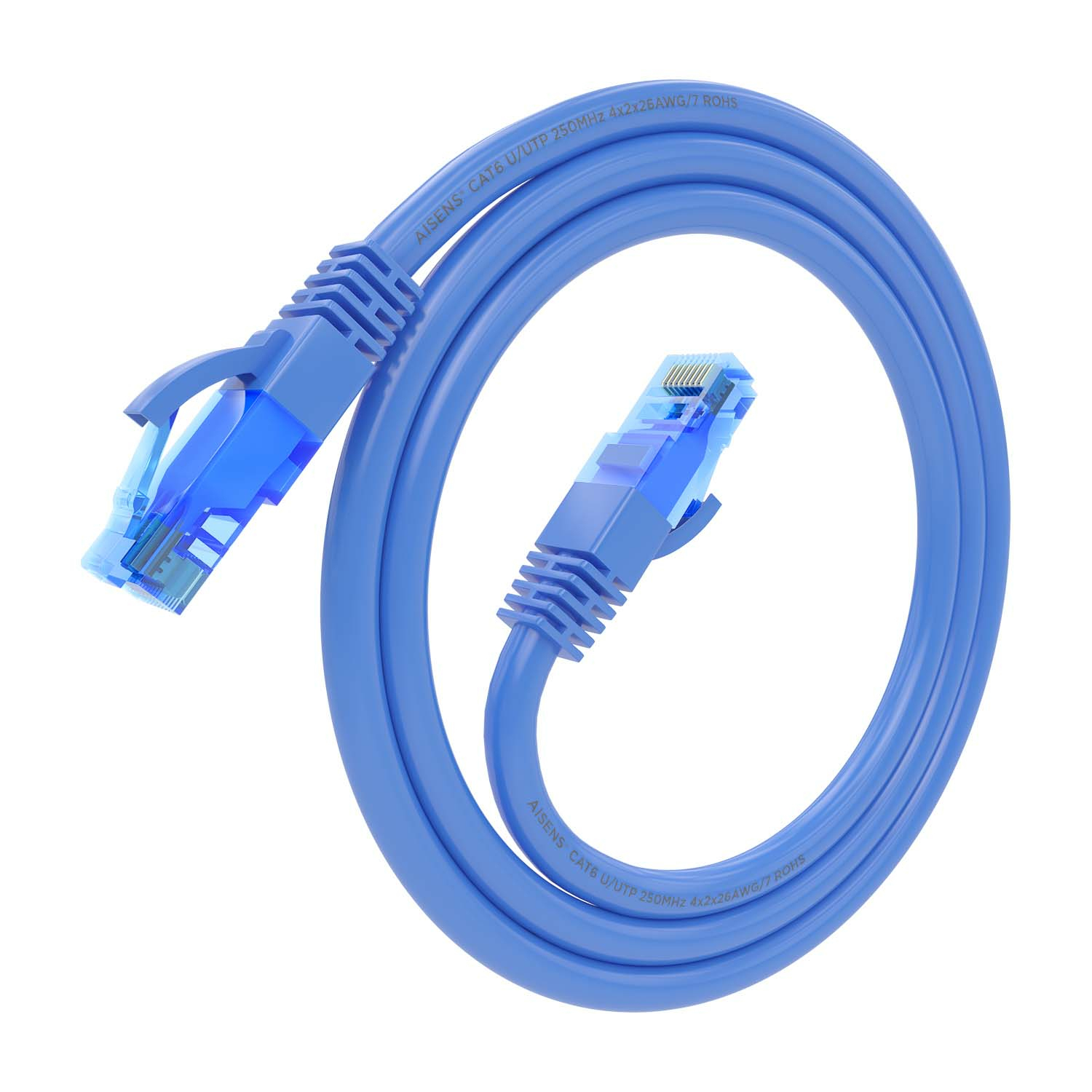 Cavo di rete blu a forma di anello con connettori blu. Sfondo bianco.