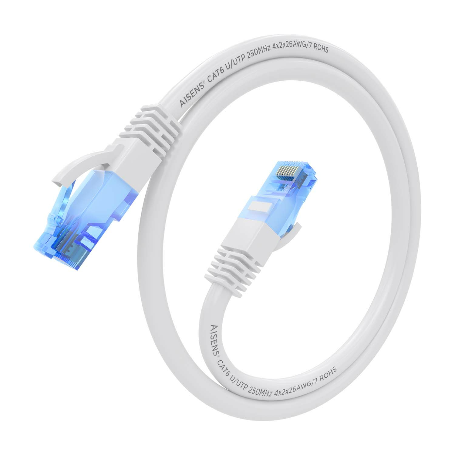 Cavo Ethernet bianco arrotolato, con connettori blu.