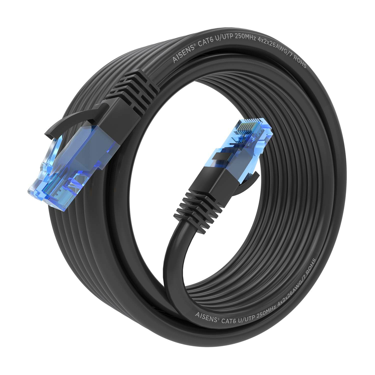 Cavo Ethernet nero arrotolato, con connettori blu.