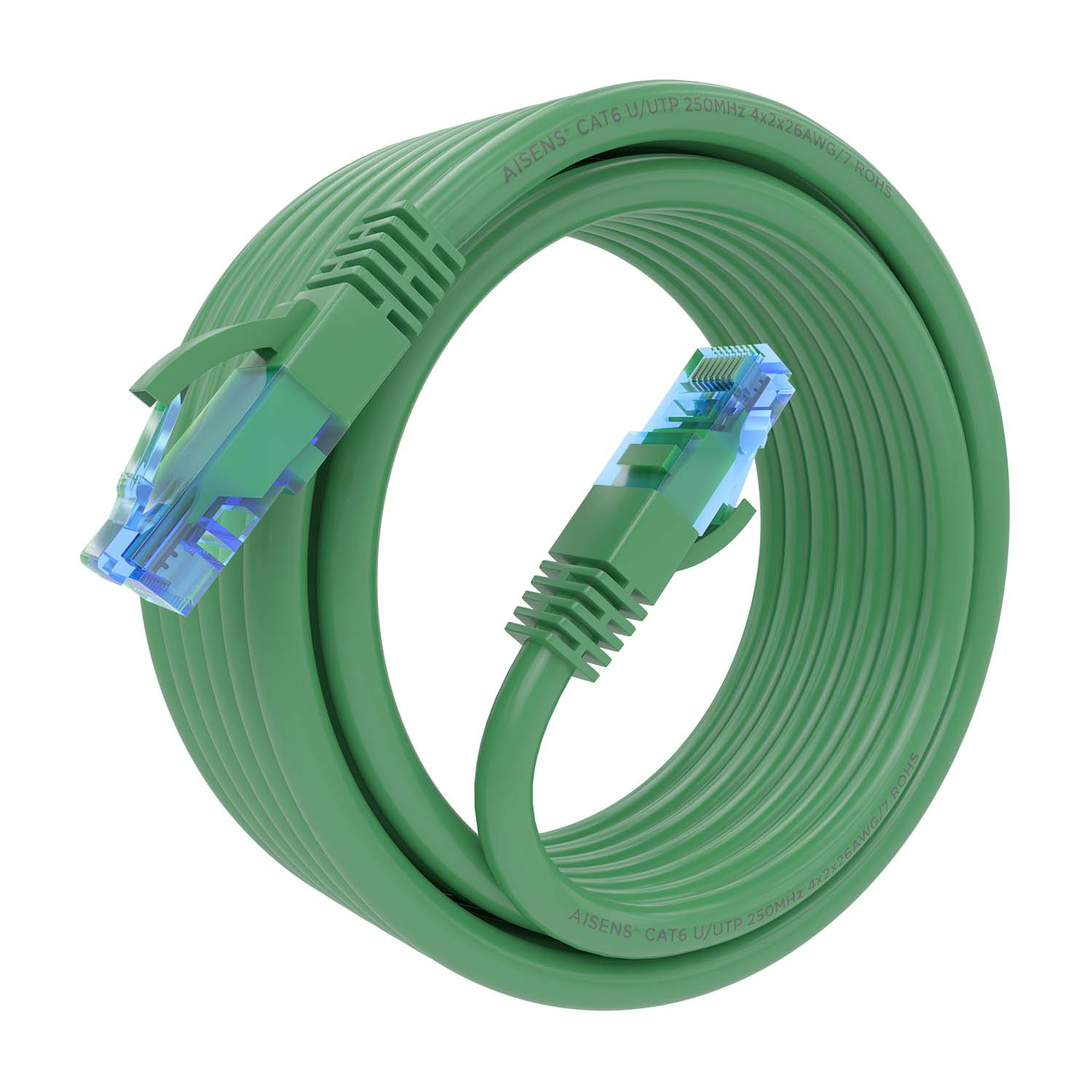Groene netwerkkabel, opgerold, met twee RJ45 connectoren.