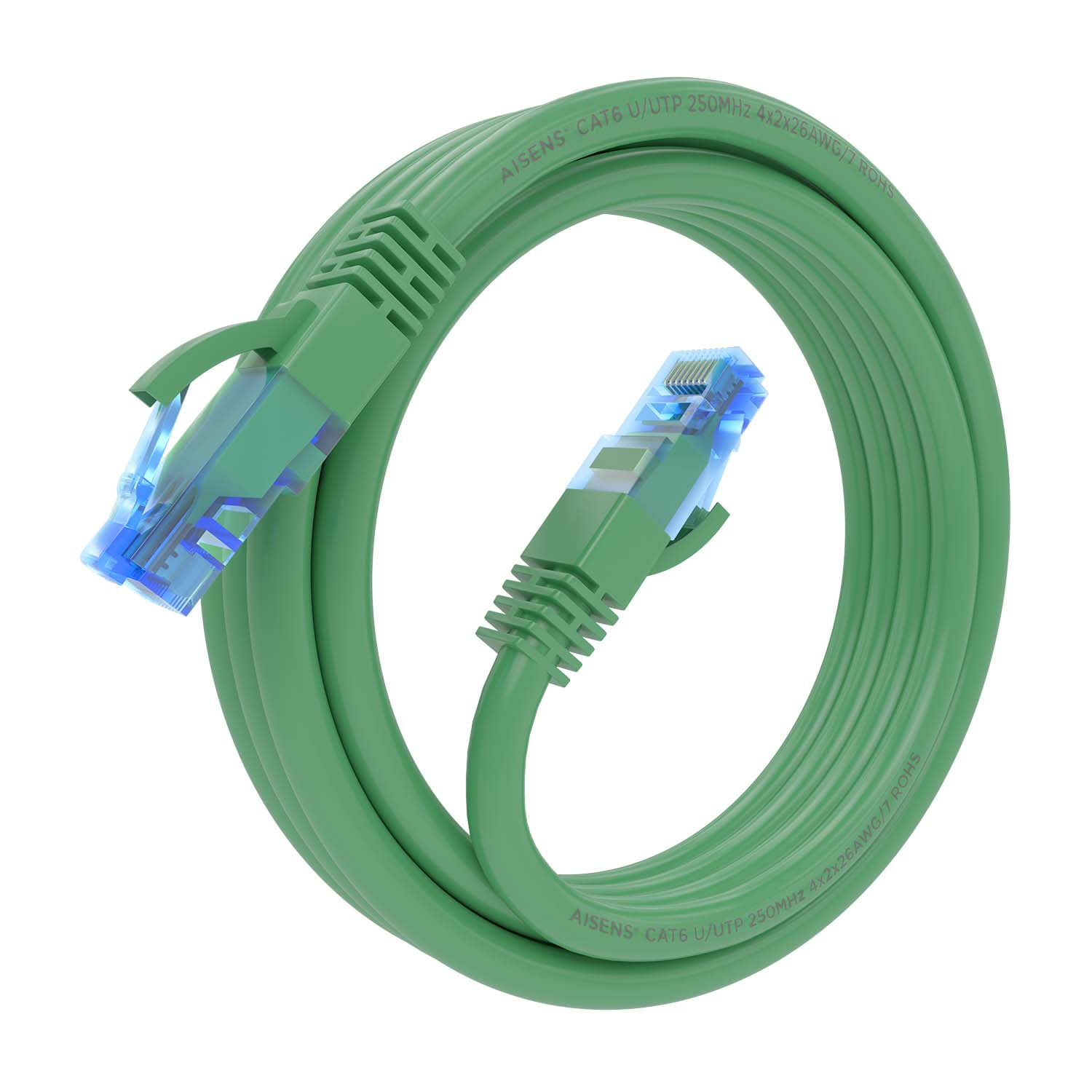 Cavo di rete verde, arrotolato, con due connettori RJ45.