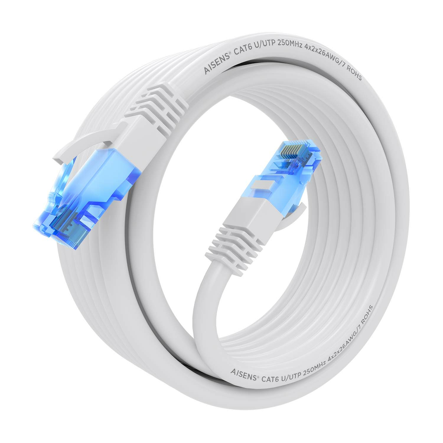 Blauwe RJ45-kabels met blauwe connectoren, parallelle weergave, witte achtergrond, close-up.