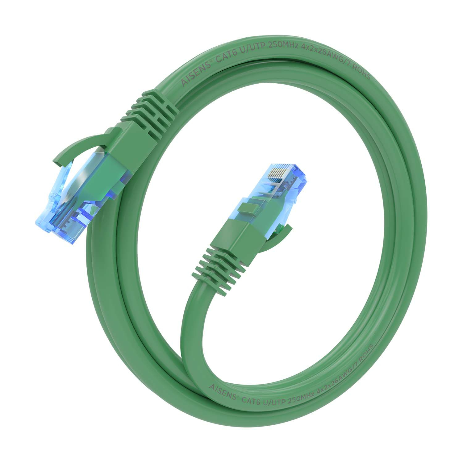 Cavo Ethernet verde con connettori blu, arrotolato. Sfondo bianco. Testo AISENS visibile.