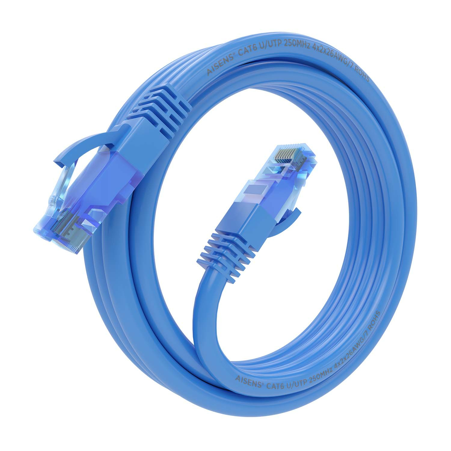 Cavo Ethernet beige, due connettori. Sfondo bianco. Testo visibile.