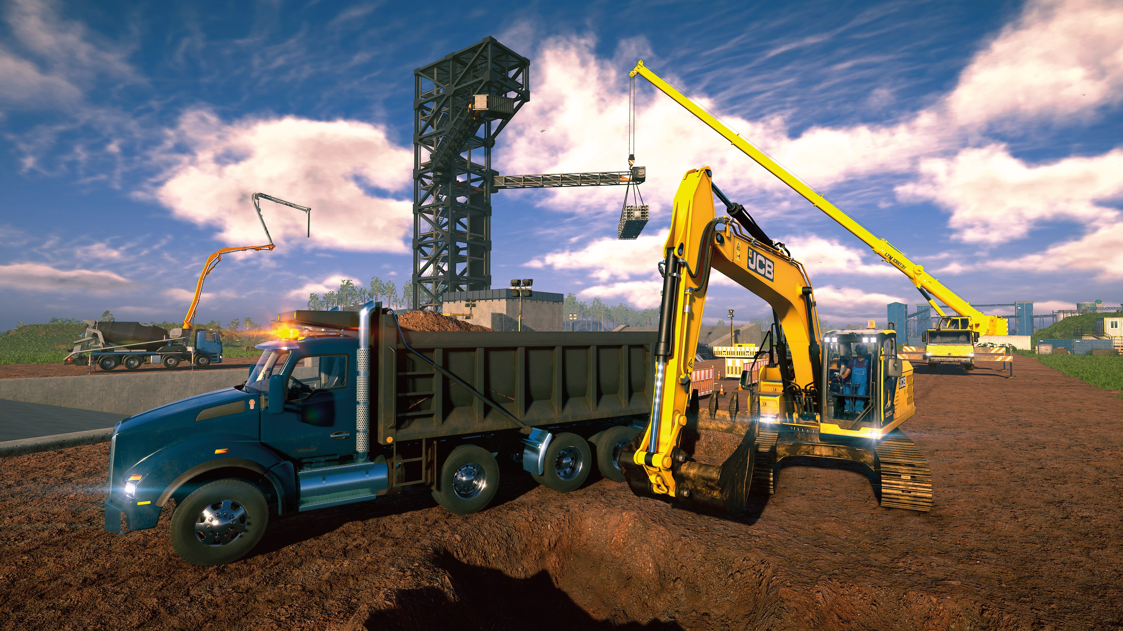 Eine Baustelle mit Muldenkipper und Bagger. Kran hebt Materialien im Hintergrund. Blauer Himmel.