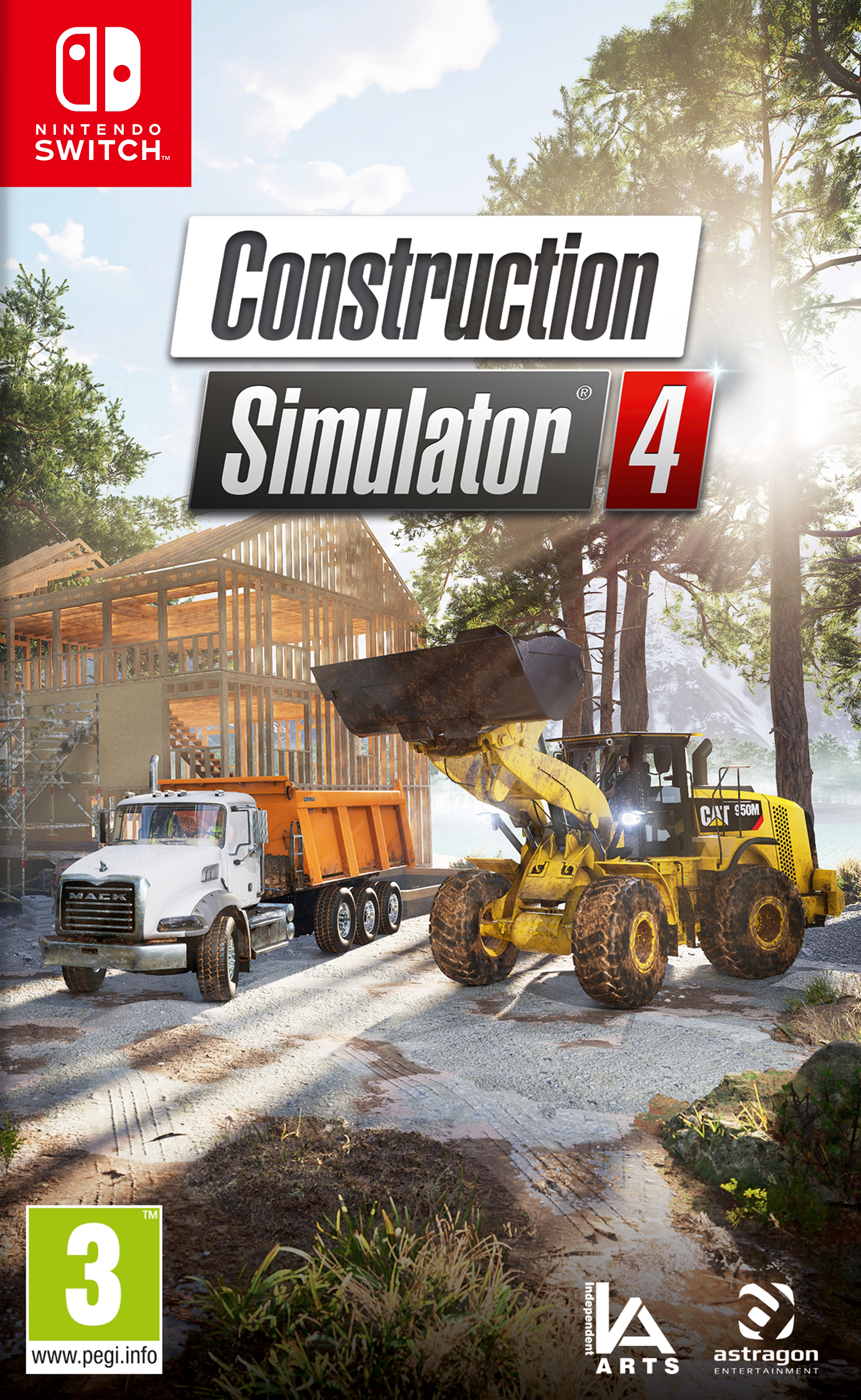 Pudełko gry Construction Simulator 4 na Nintendo Switch. Ciężarówka i ładowarka na okładce.