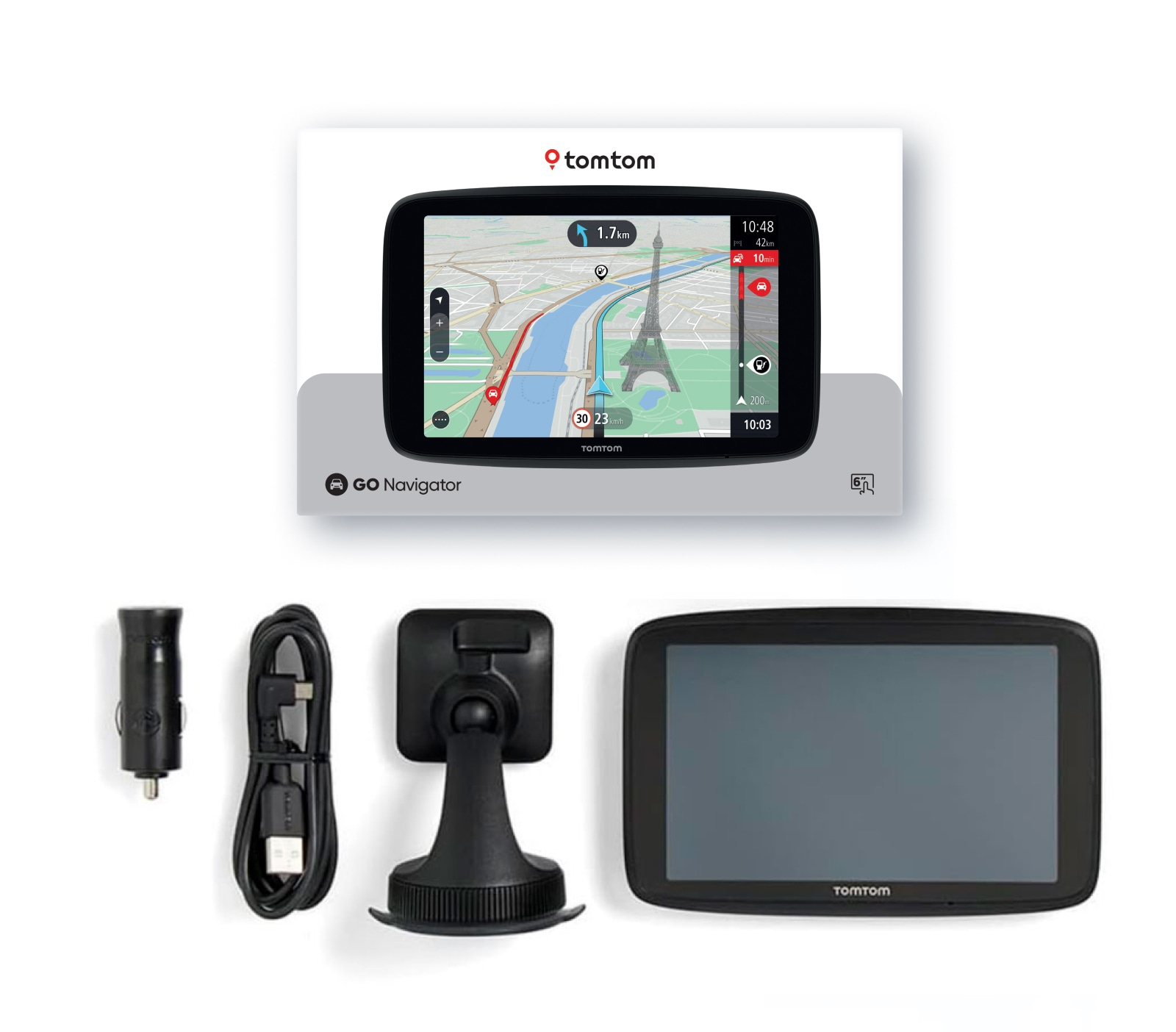 TomTom GO Navigator GPS-Gerät mit Zubehör auf weißem Hintergrund.