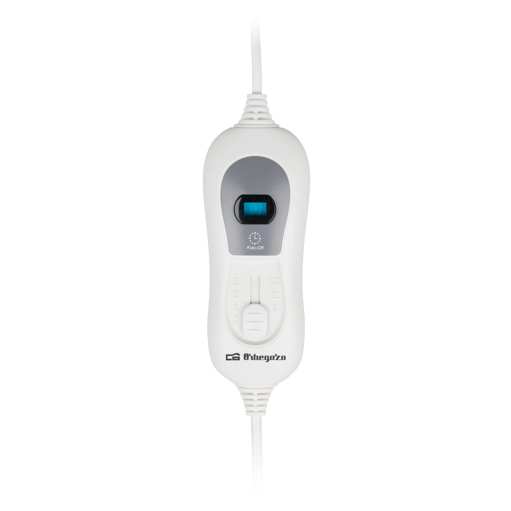 Biały kontroler z ekranem i przyciskami, podłączony do kabla. Białe tło.