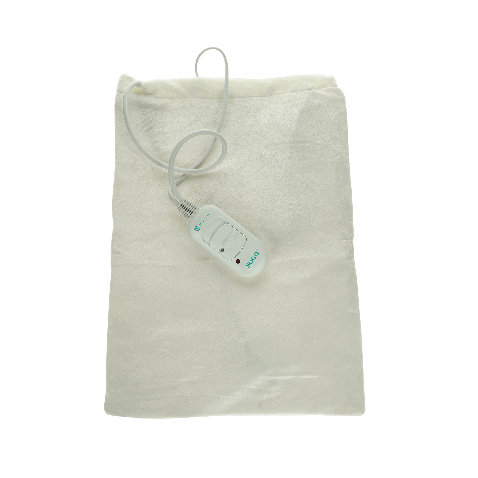 Cuscino termico bianco con controller e cavo. Sfondo bianco.