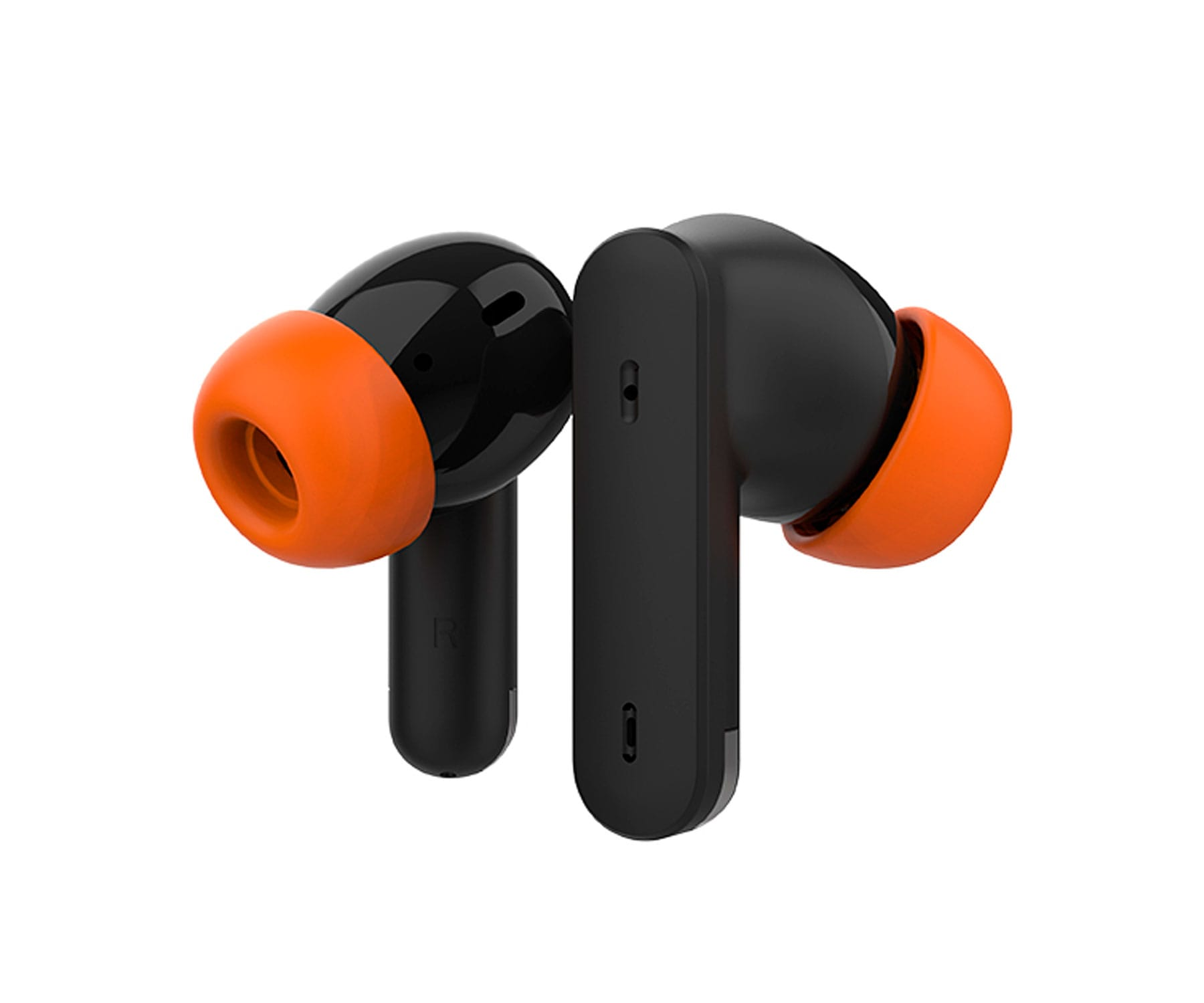 Dos auriculares inalámbricos negros con puntas naranjas. Fondo blanco.