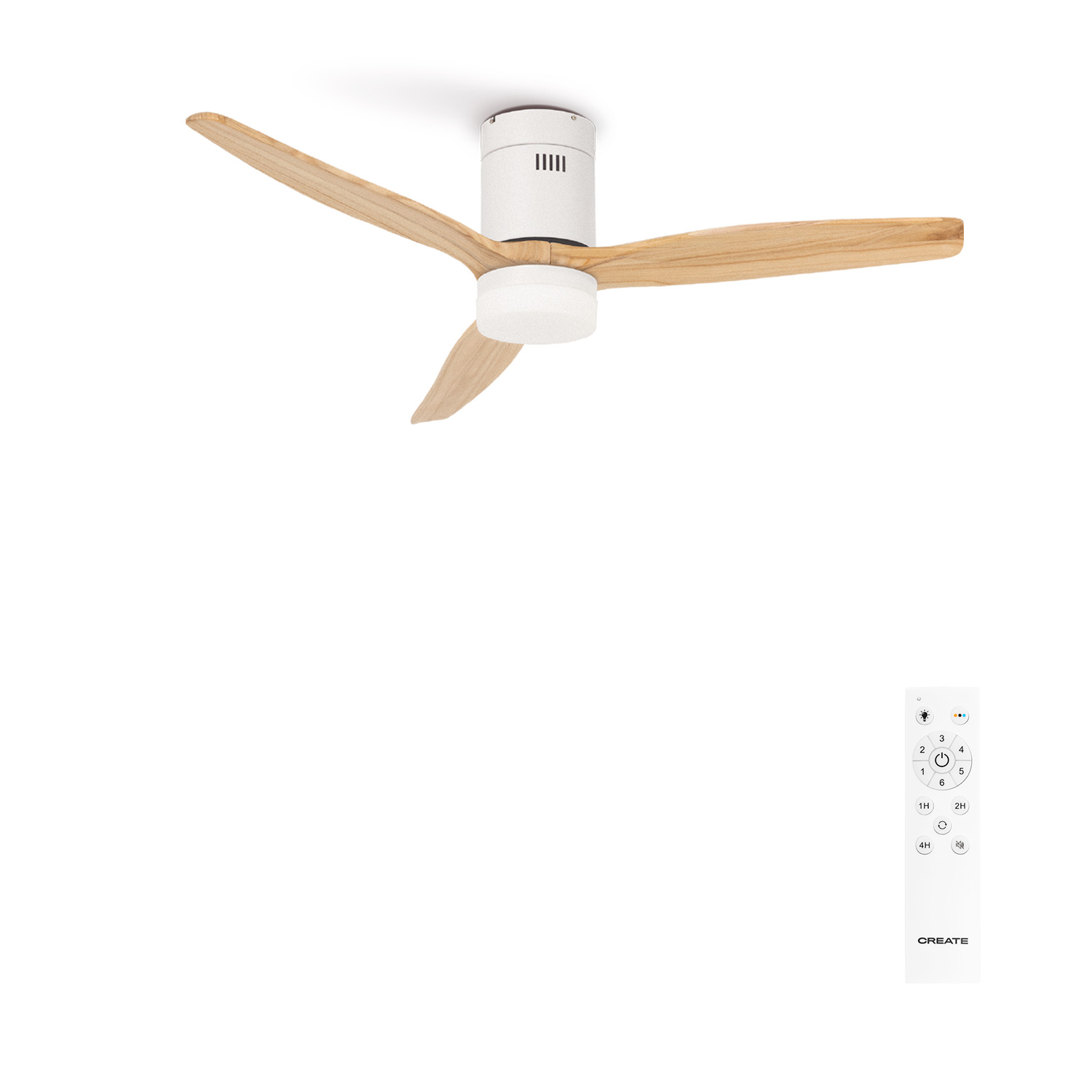Ventilador de techo con tres aspas de madera y un mando. Fondo blanco.
