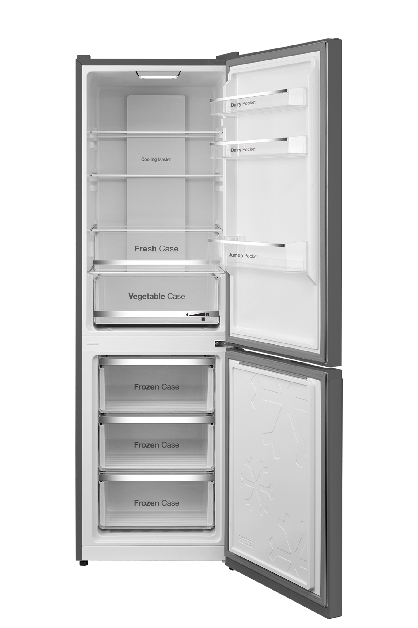 Un refrigerador gris abierto con estantes, cajones y compartimentos.