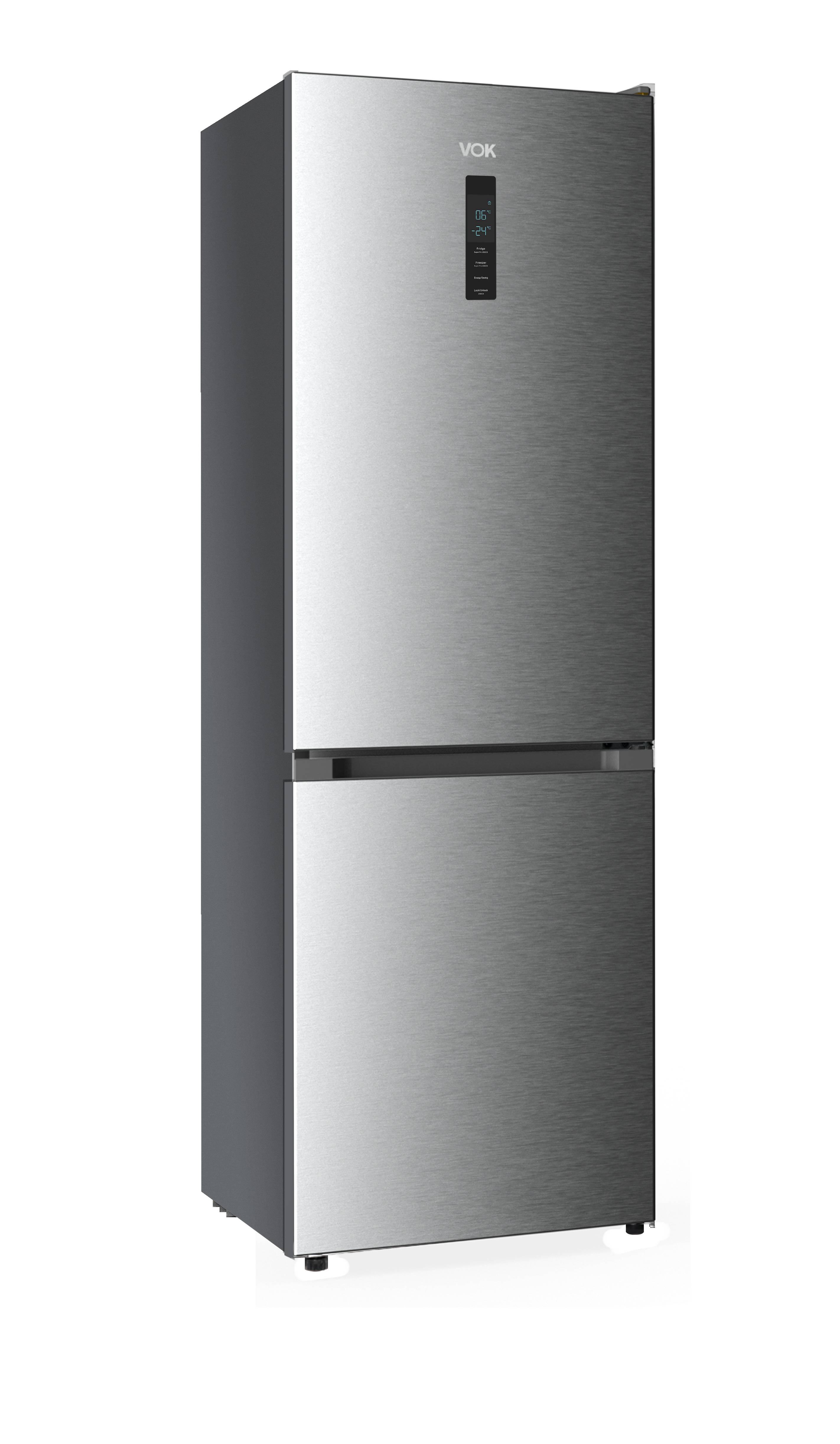 Un refrigerador plateado con pantalla digital y diseño de dos puertas.