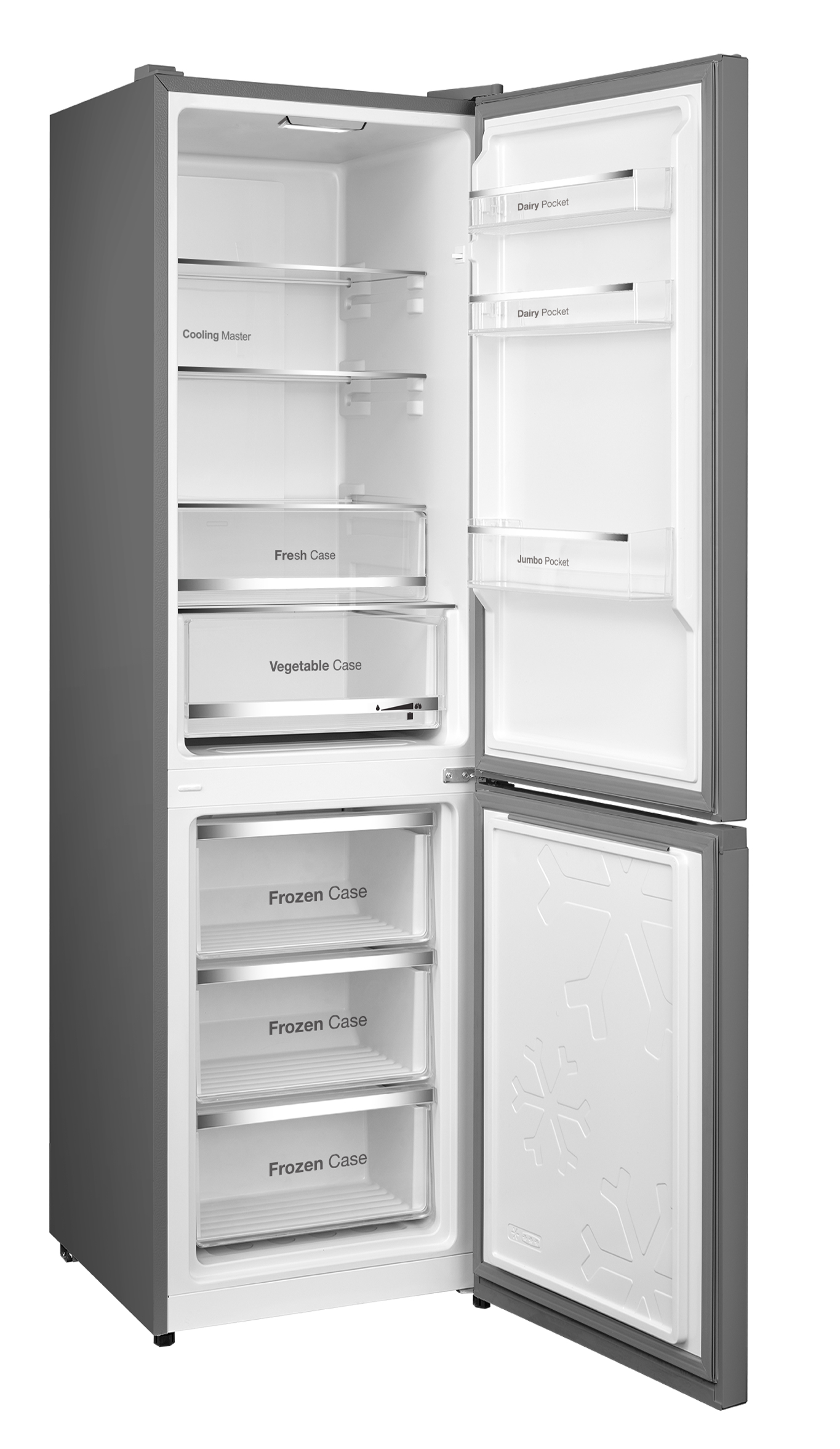 Interior de un refrigerador gris abierto con estantes, cajones y compartimentos.